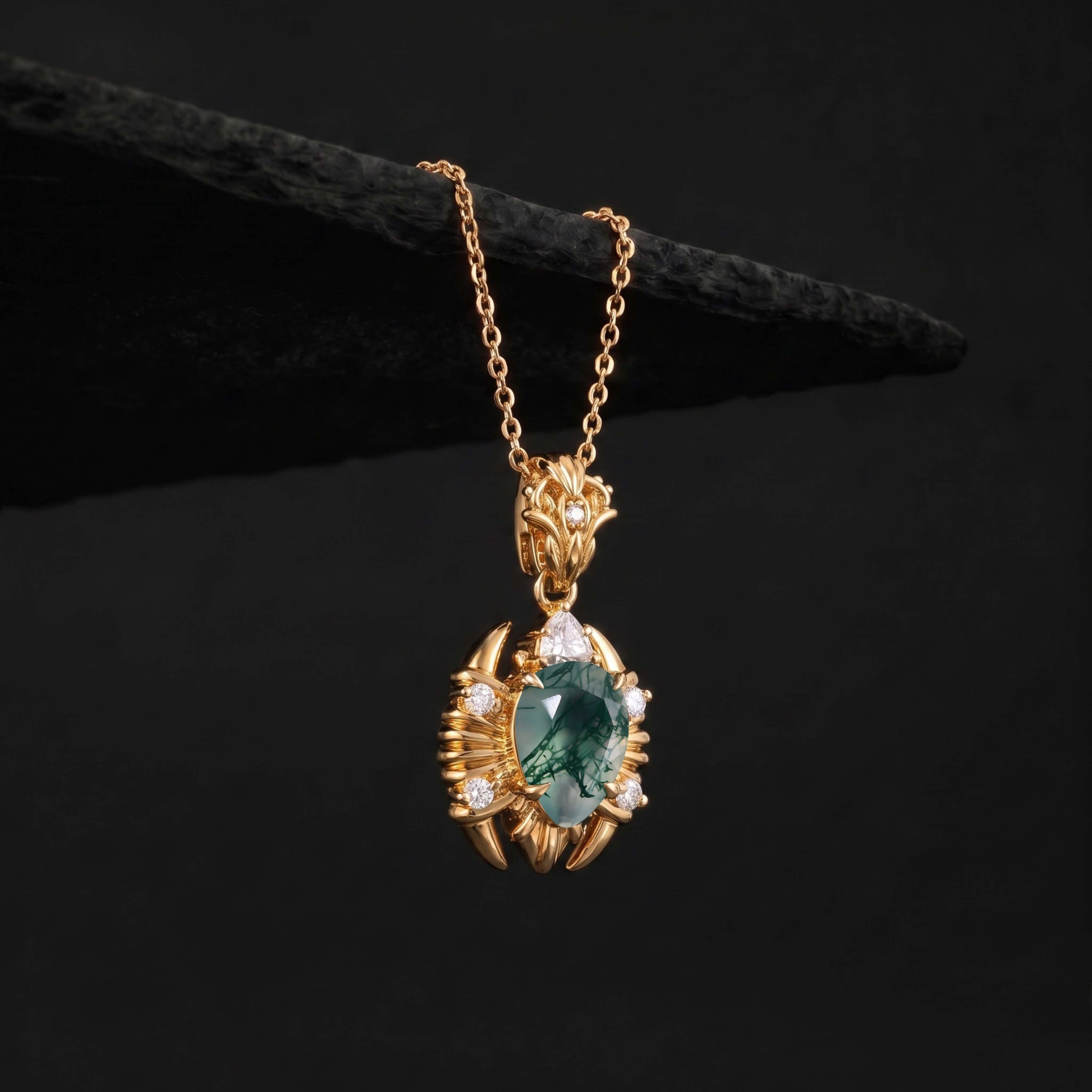 Pear Cut Moss Agate Scorpion Talisman Necklace