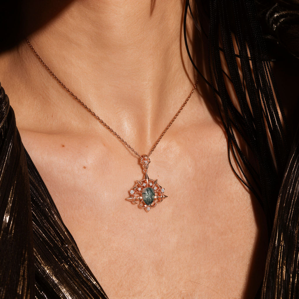 Pear Cut Moss Agate Radiant Arrow Gothic Pendant Necklace