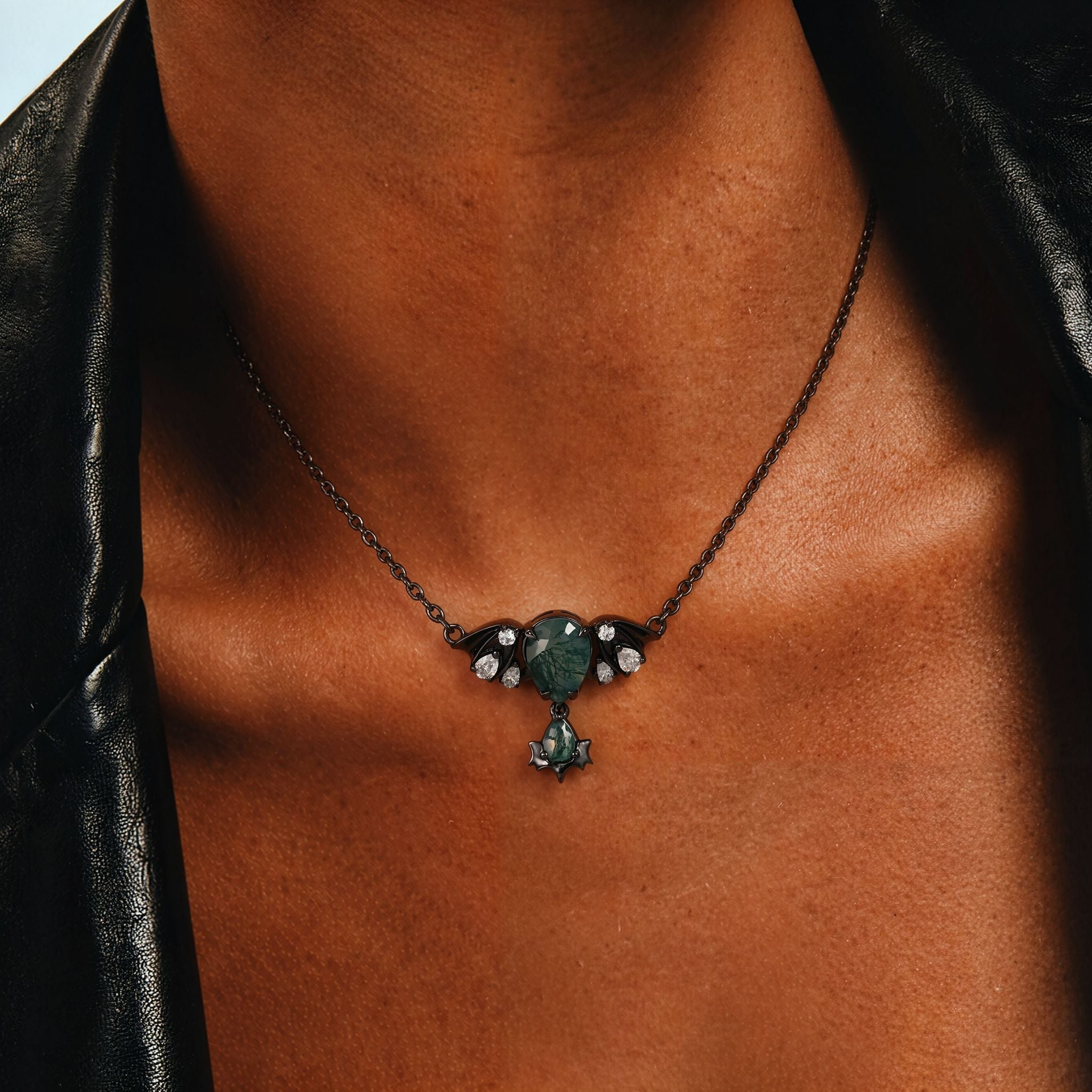 Pear Cut Moss Agate Nightwing Gothic Drop Necklace