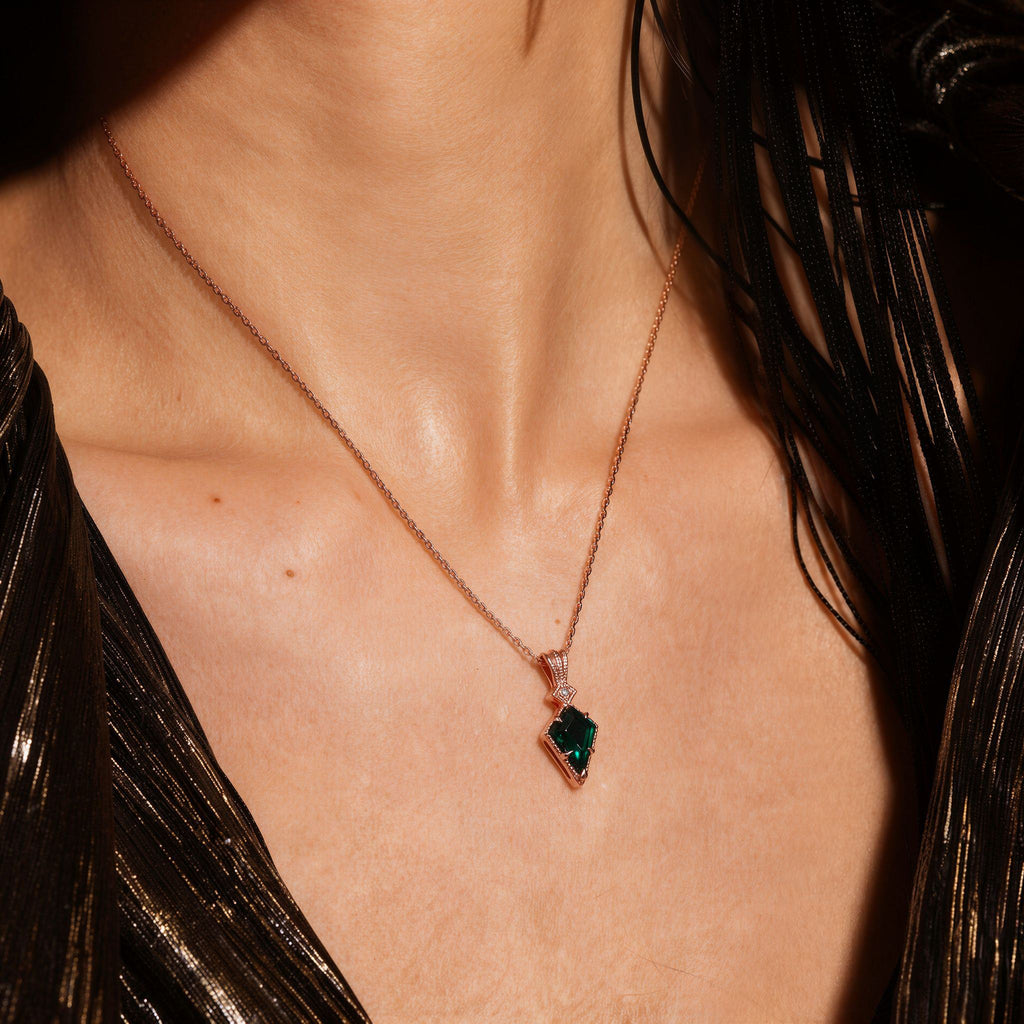 Kite Cut Lab Emerald Vintage Geometric Pendant Necklace