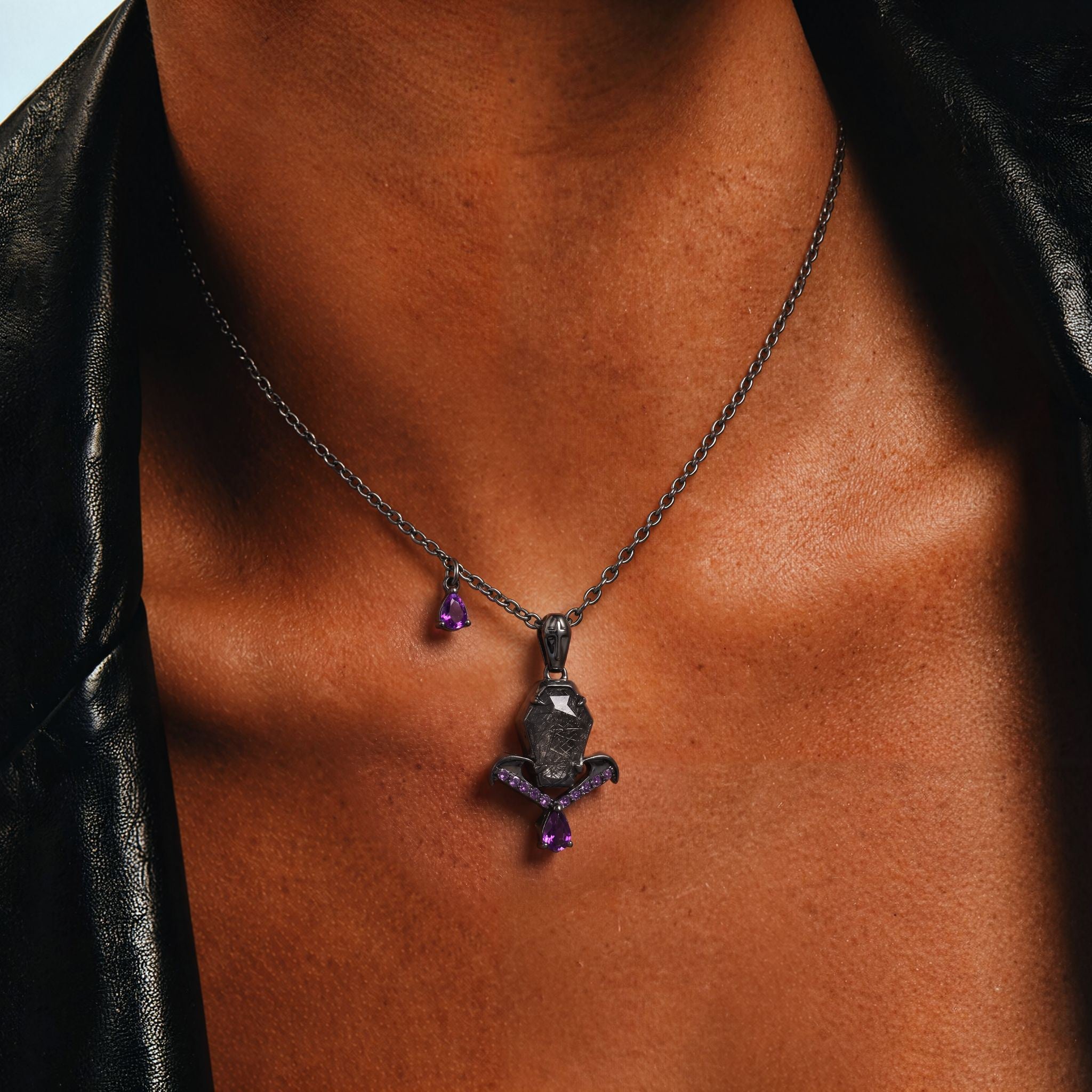 Coffin Cut Black Rutilated Quartz Sacred Cross Gothic Pendant Necklace