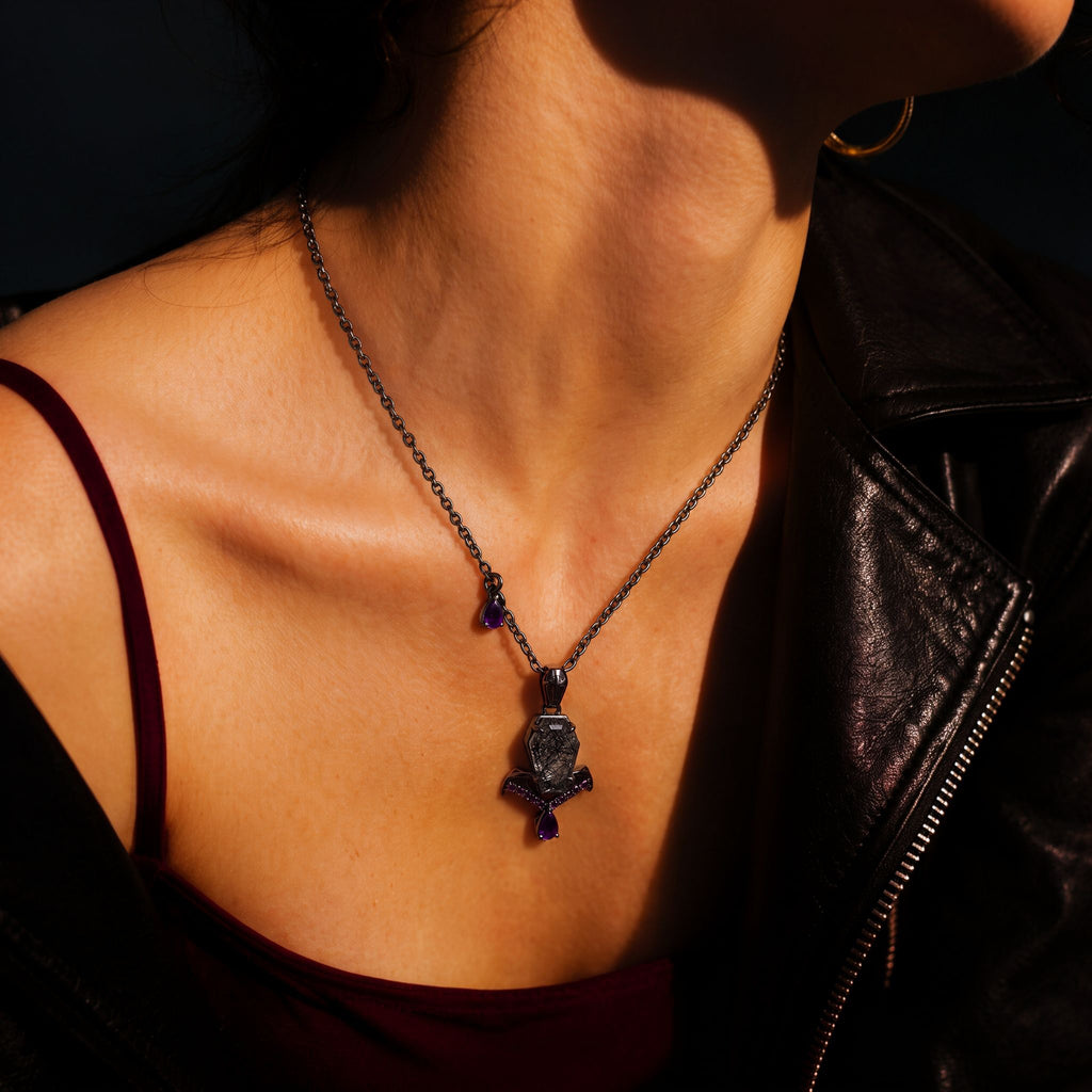 Coffin Cut Black Rutilated Quartz Sacred Cross Gothic Pendant Necklace