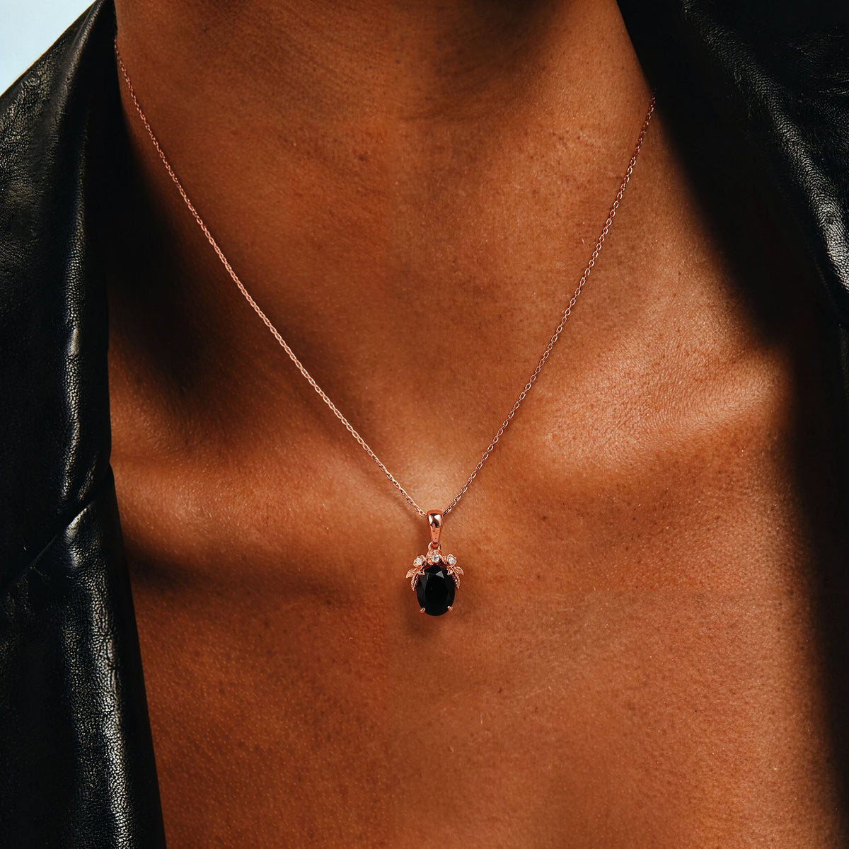 Oval Cut Black Diamond Rose Cluster Pendant Necklace
