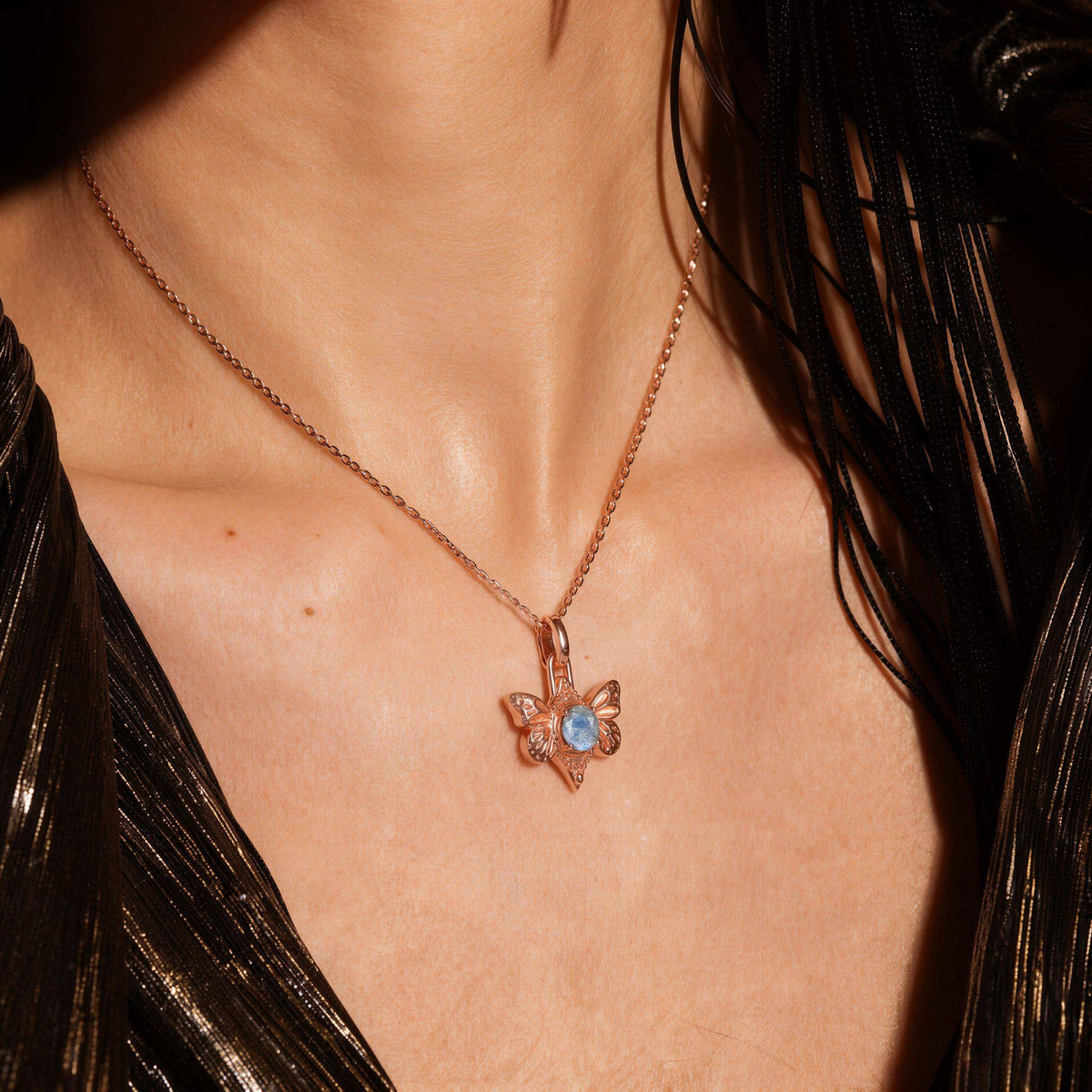 Round Cut Labradorite Vintage Butterfly Pendant Necklace