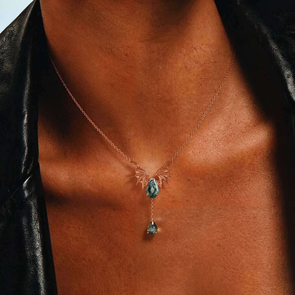 Coffin Cut Moss Agate Nightwing Gothic Y Necklace