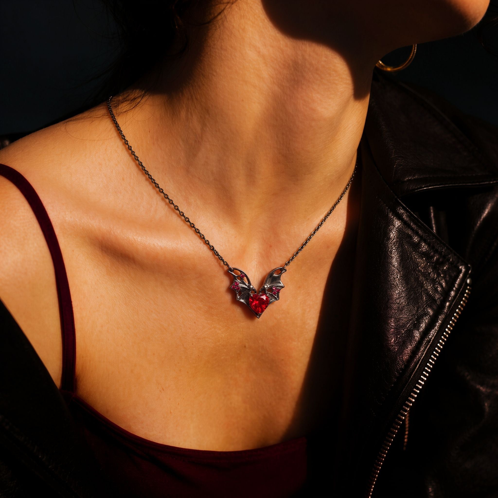 Heart Cut Lab Ruby Fallen Wings Gothic Necklace