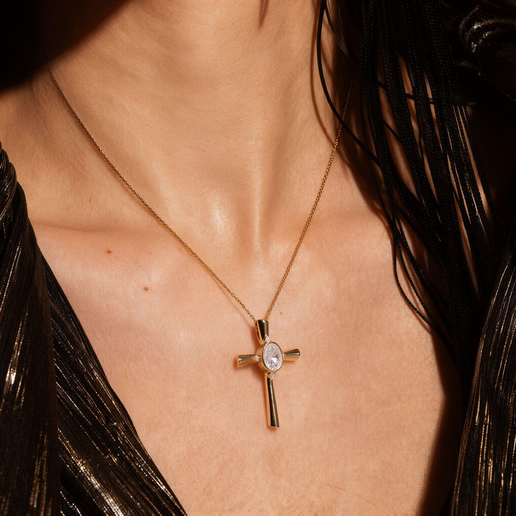 Oval Cut Gray Moissanite Vintage Cross Pendant Necklace With Lab Diamond Accents