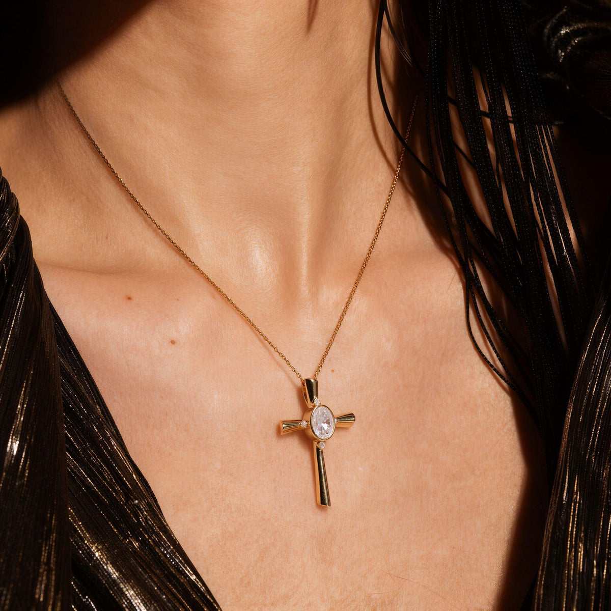 Oval Cut Gray Moissanite Vintage Cross Pendant Necklace With Lab Diamond Accents
