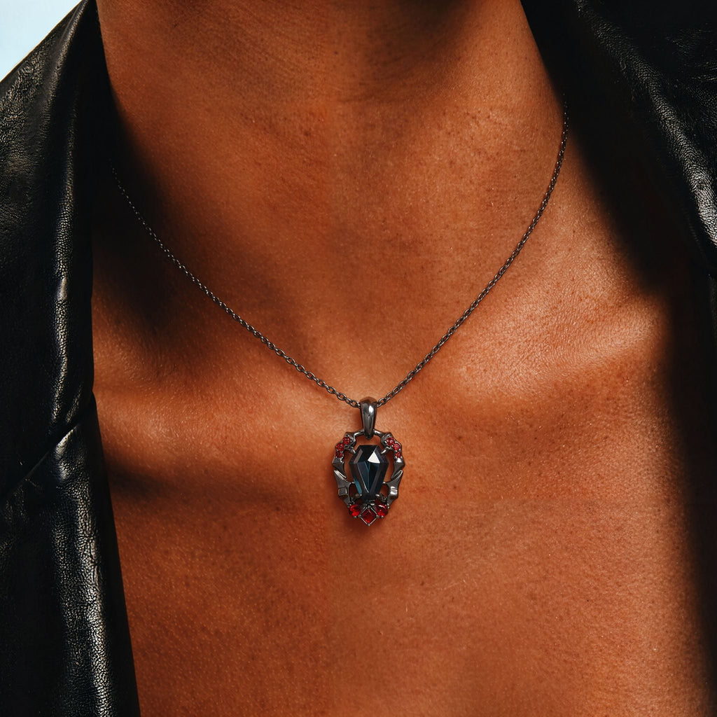 Coffin Cut Lab Alexandrite Vampire Relic Gothic Pendant Necklace with Garnet Accents