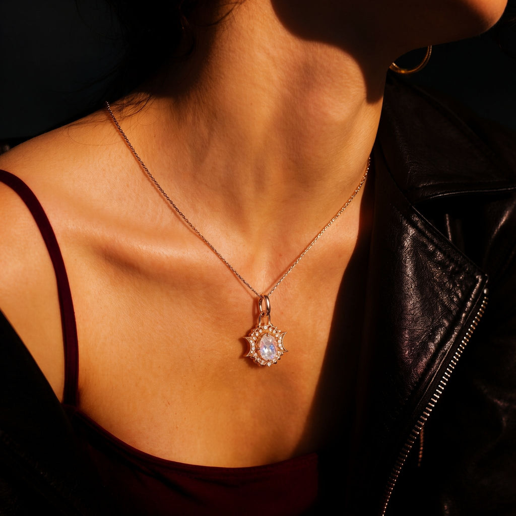 Oval Cut Moonstone Celestial Crescent Pendant Necklace With Lab Diamond Accents
