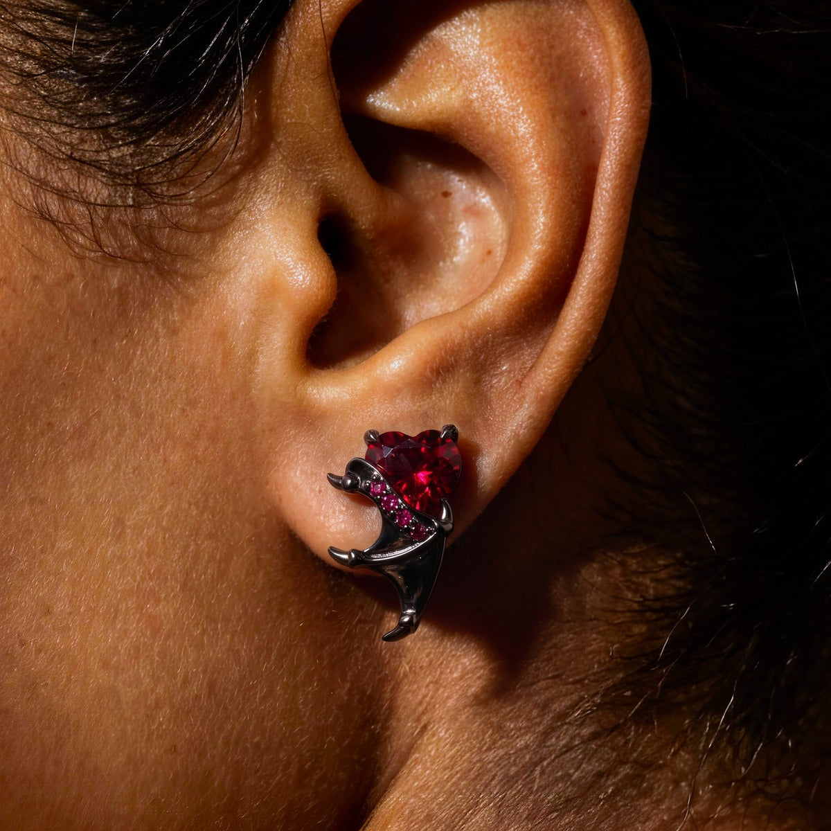 Heart Cut Lab Ruby Demon Wing Gothic Stud Earrings
