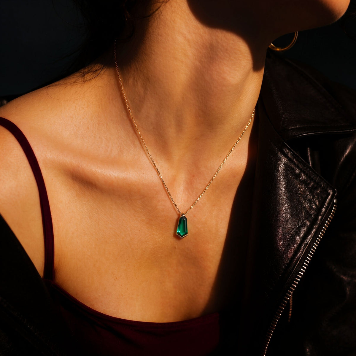 Shield Cut Lab  Emerald Geometric Pendant Necklace