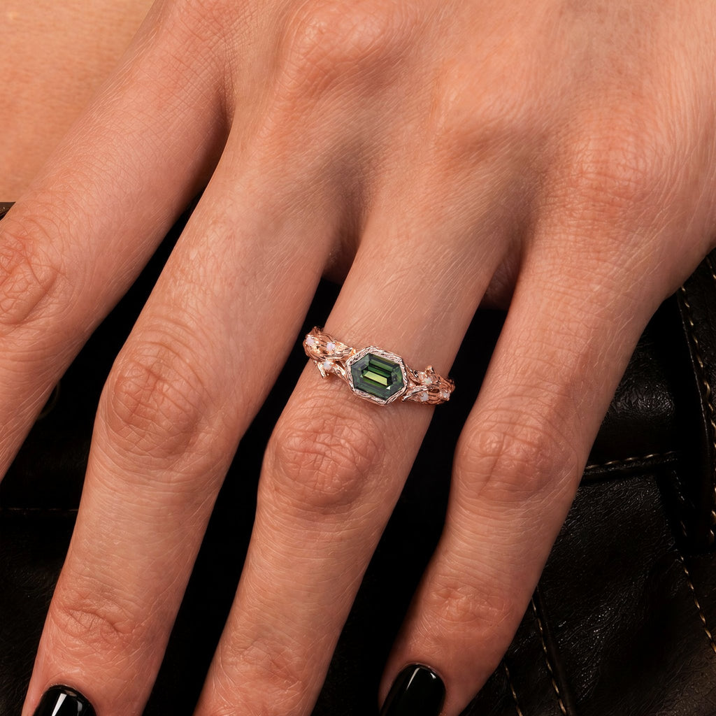 East-West Long Hexagon Cut Teal Sapphire Enchanted Branch Ring