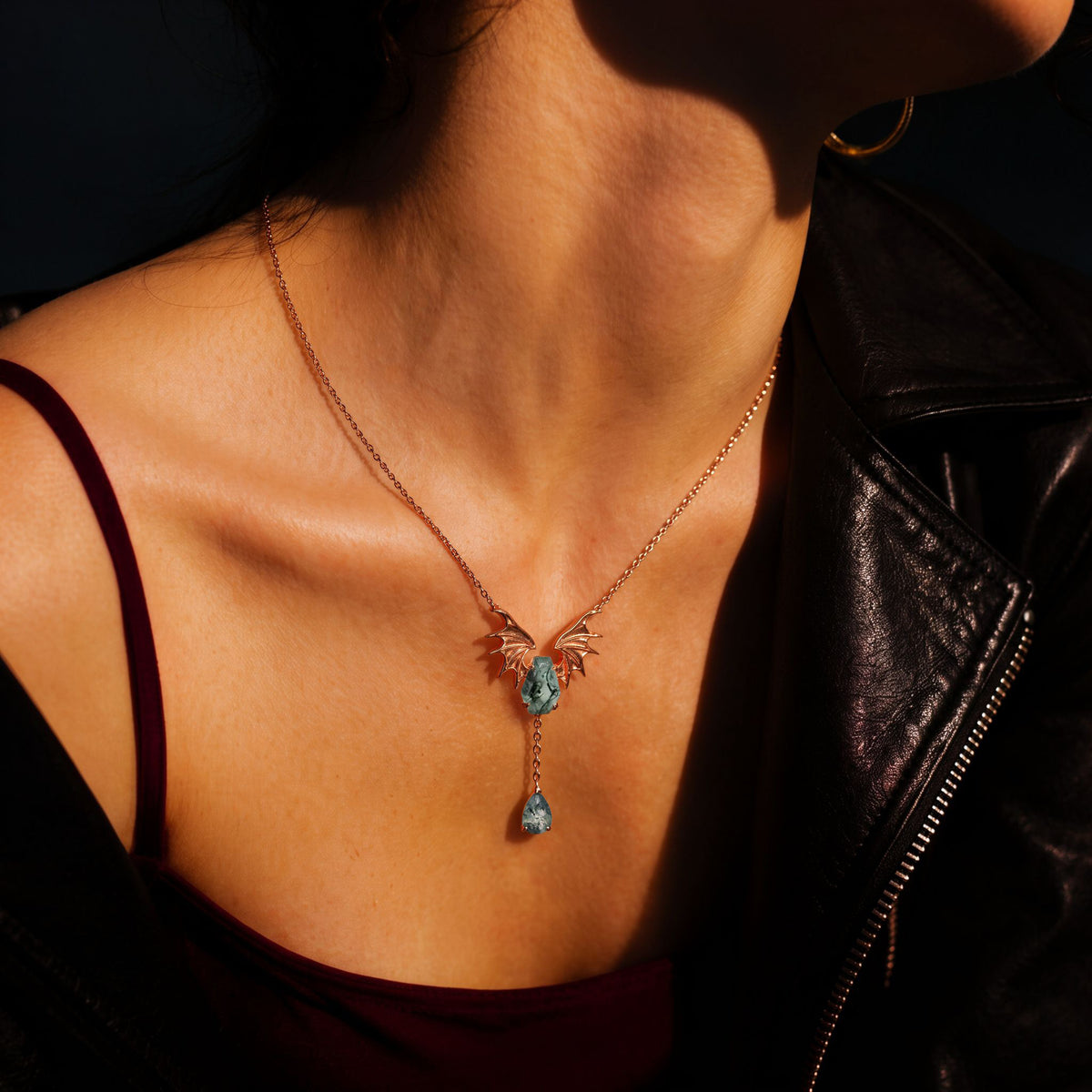 Coffin Cut Moss Agate Nightwing Gothic Y Necklace