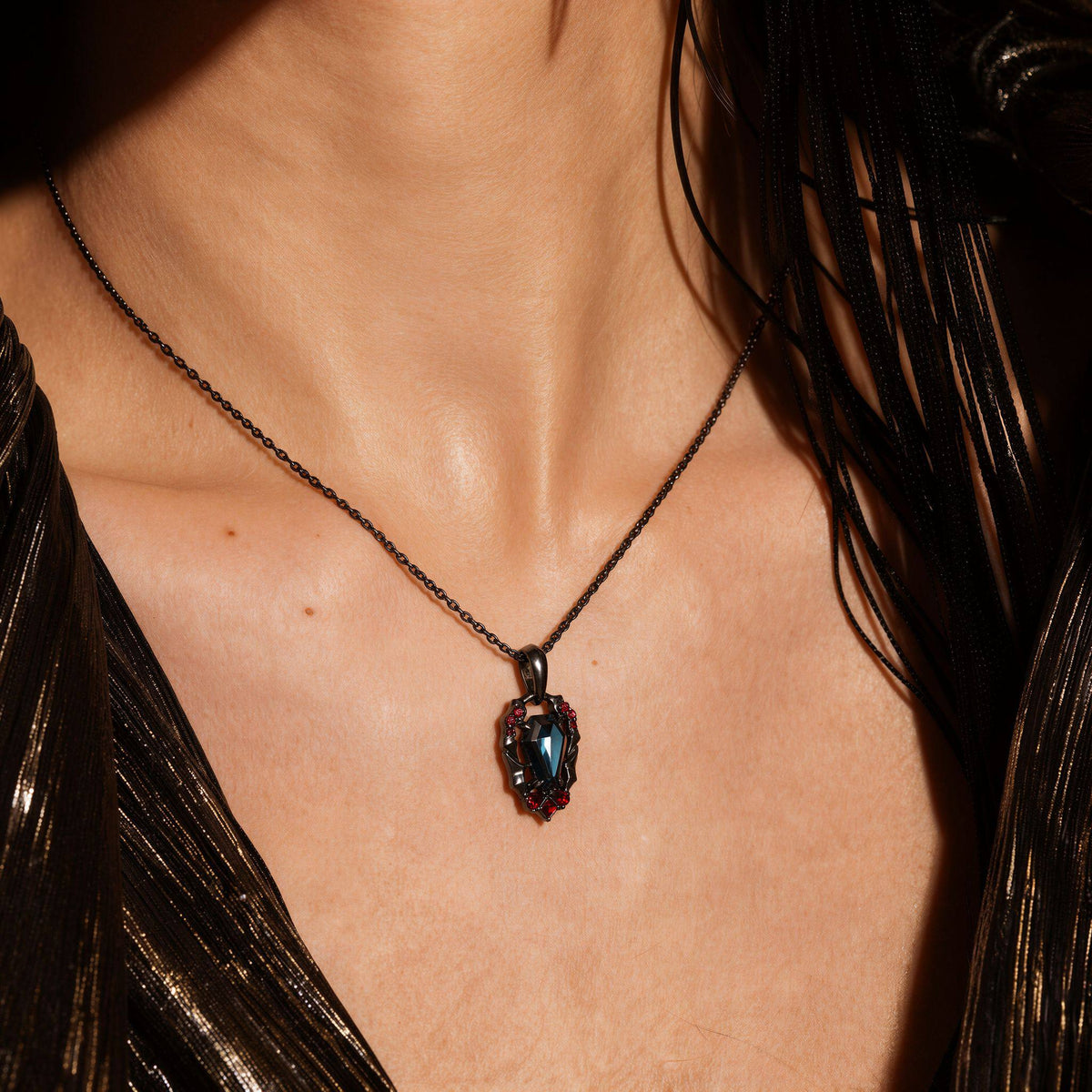 Coffin Cut Lab Alexandrite Vampire Relic Gothic Pendant Necklace with Garnet Accents