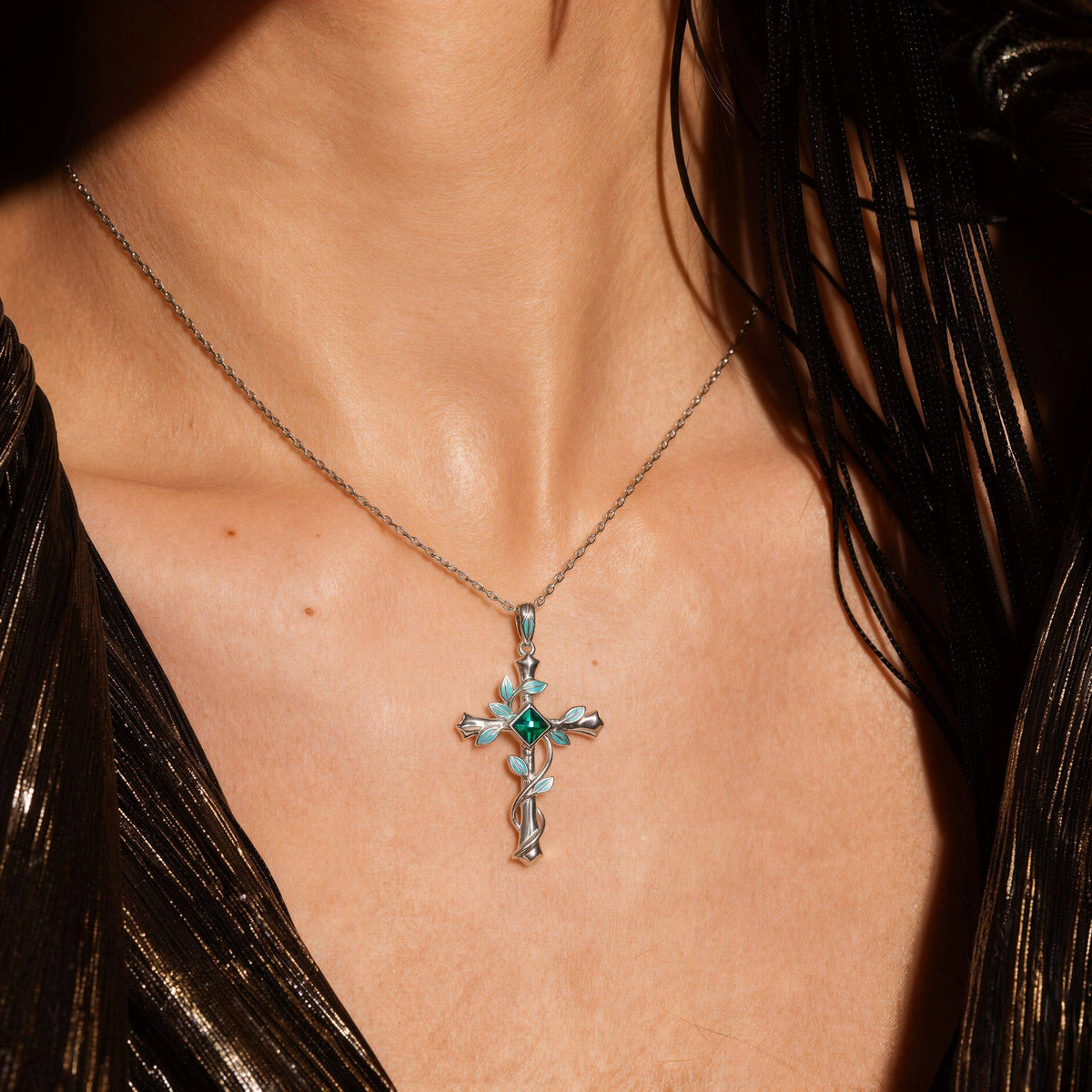 Princess Cut Lab Emerald Vine Cross Gothic Pendant Necklace