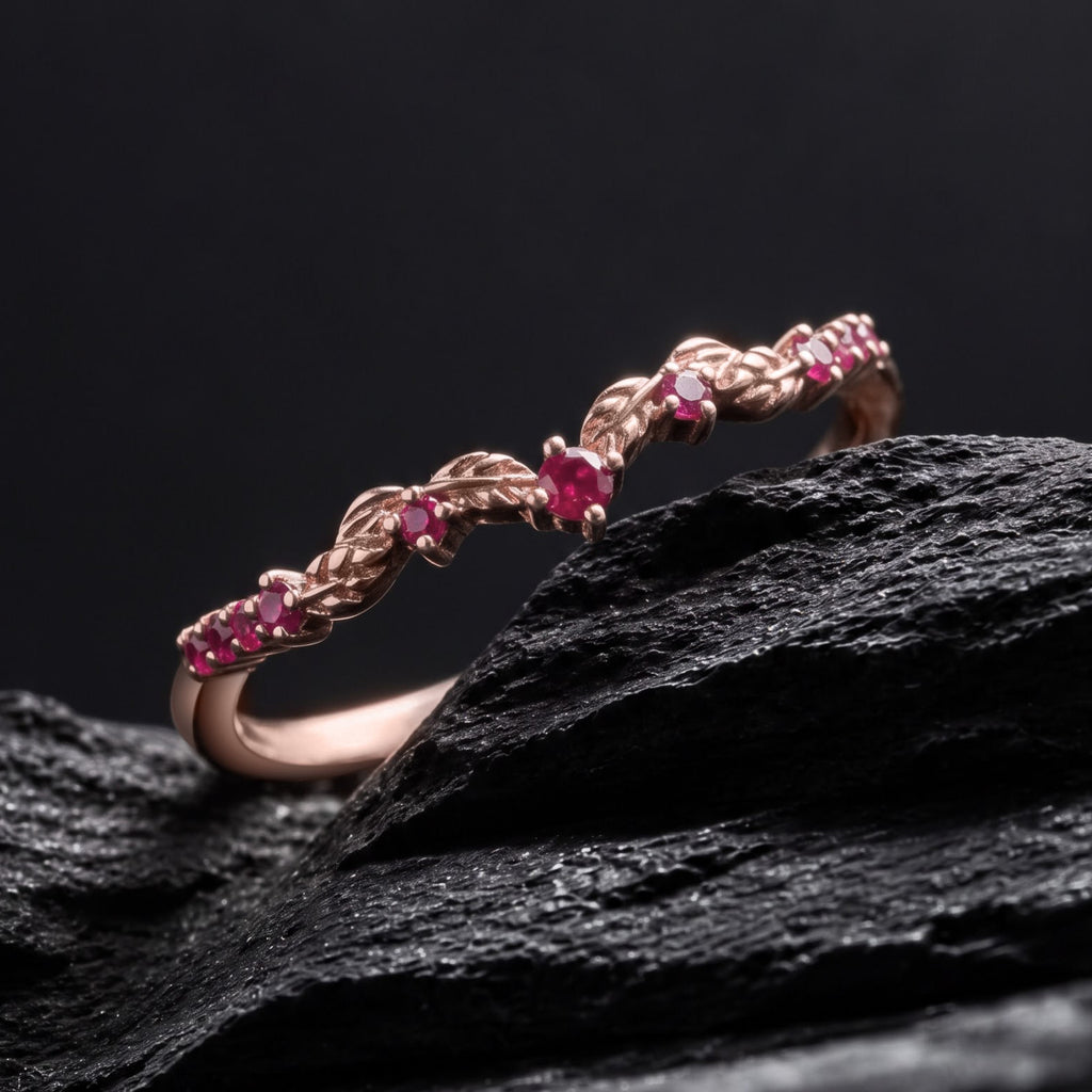 Ruby Curved Leaf Band Nature Inspired Stacking Ring