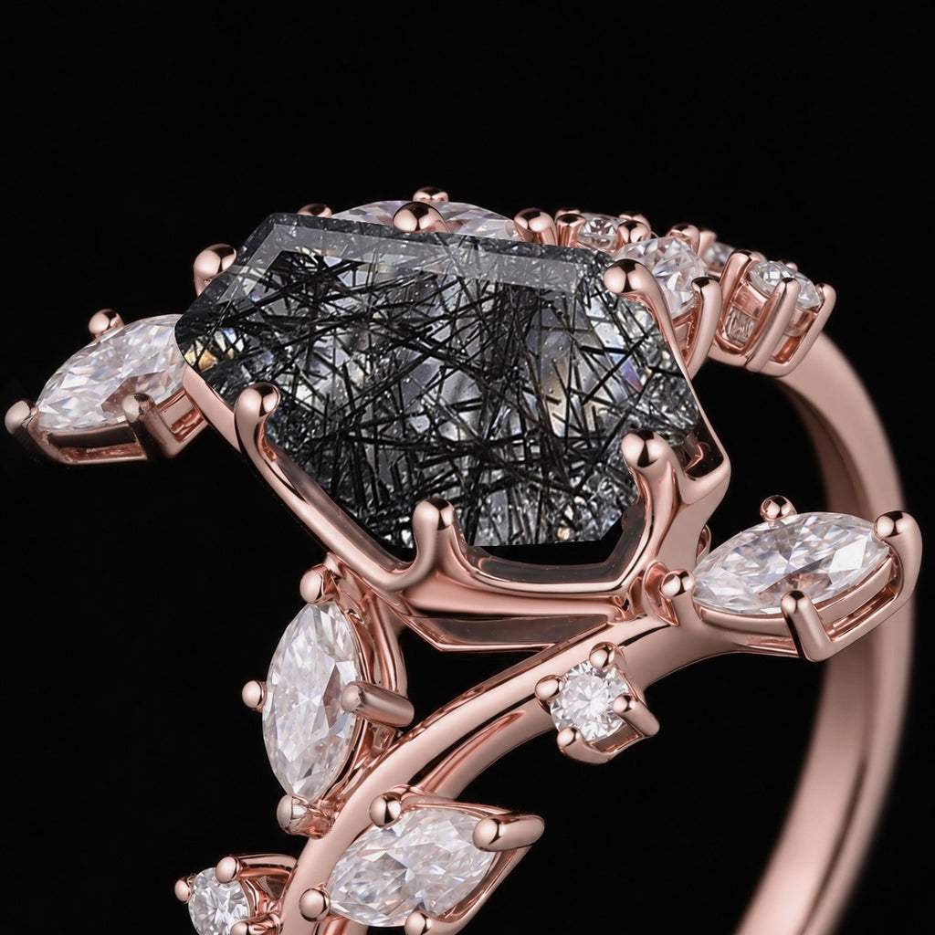 Coffin Cut Black Rutilated Quartz Bypass Shank Nature Inspired Ring