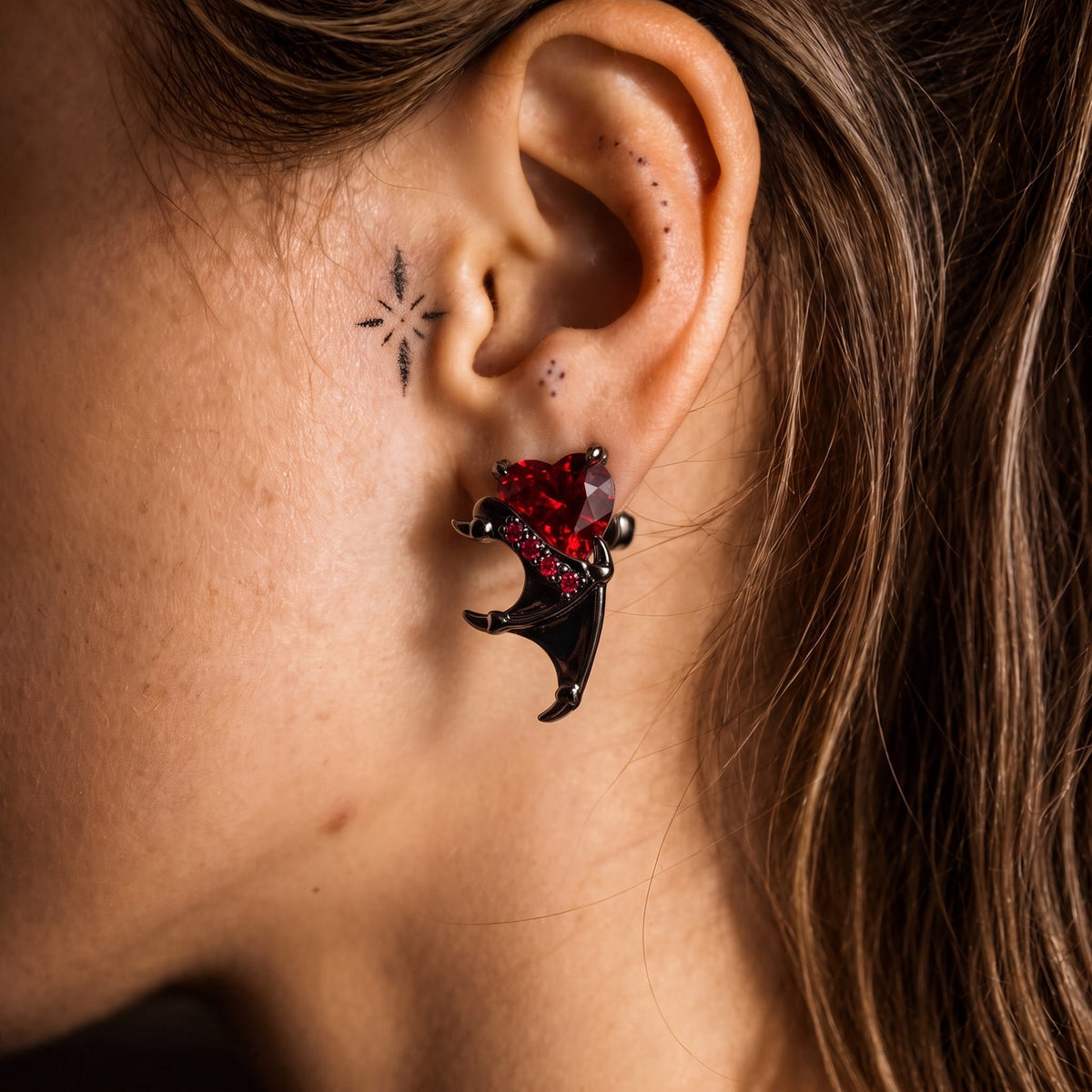 Heart Cut Lab Ruby Demon Wing Gothic Stud Earrings