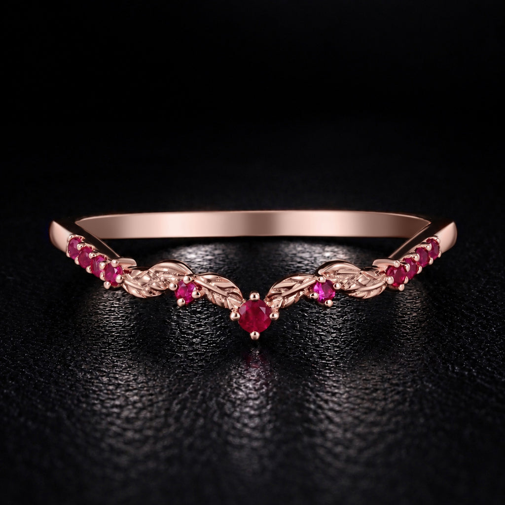 Ruby Curved Leaf Band Nature Inspired Stacking Ring