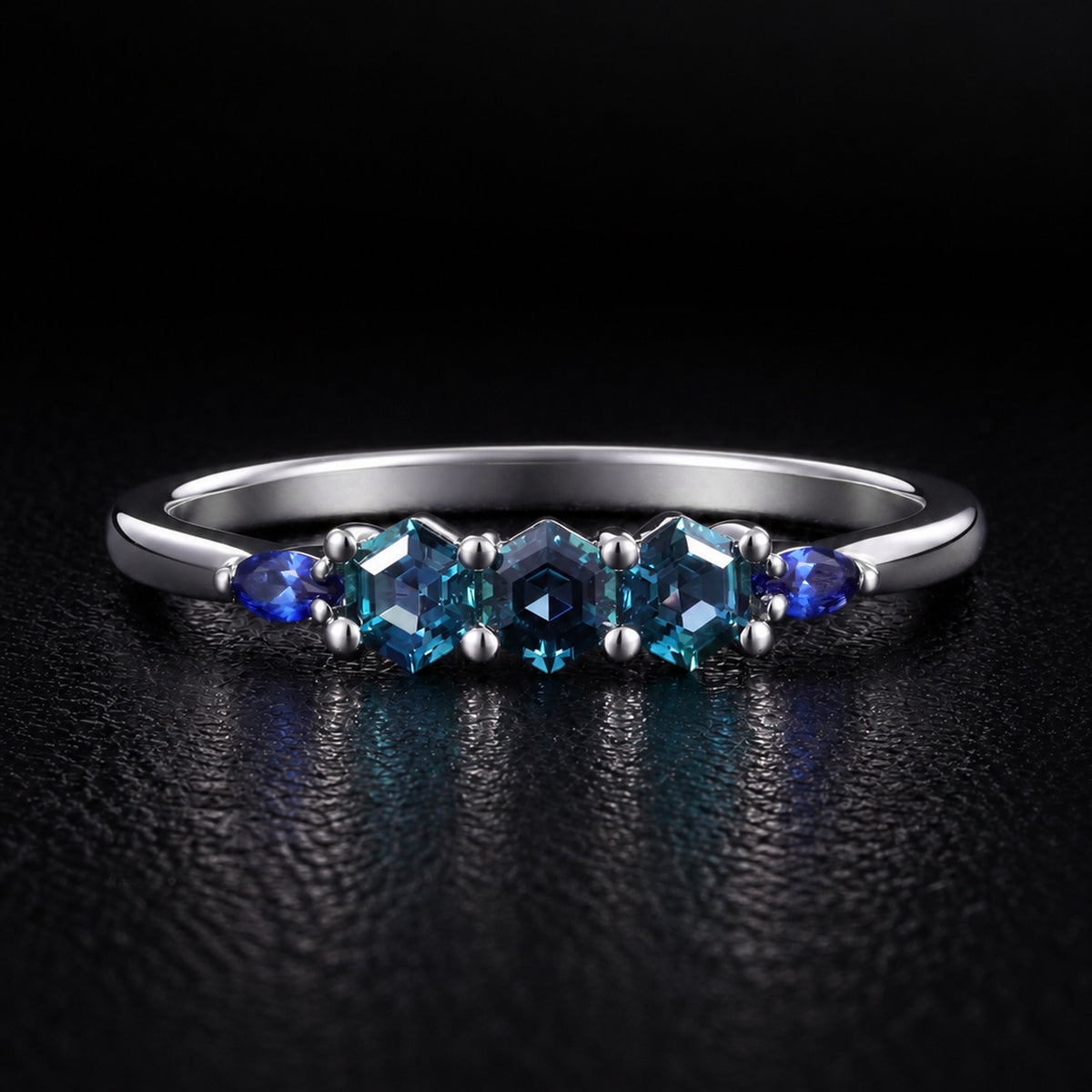 Hexagon Cut Lab Alexandrite Geometric Ring Three Stone Promise Ring