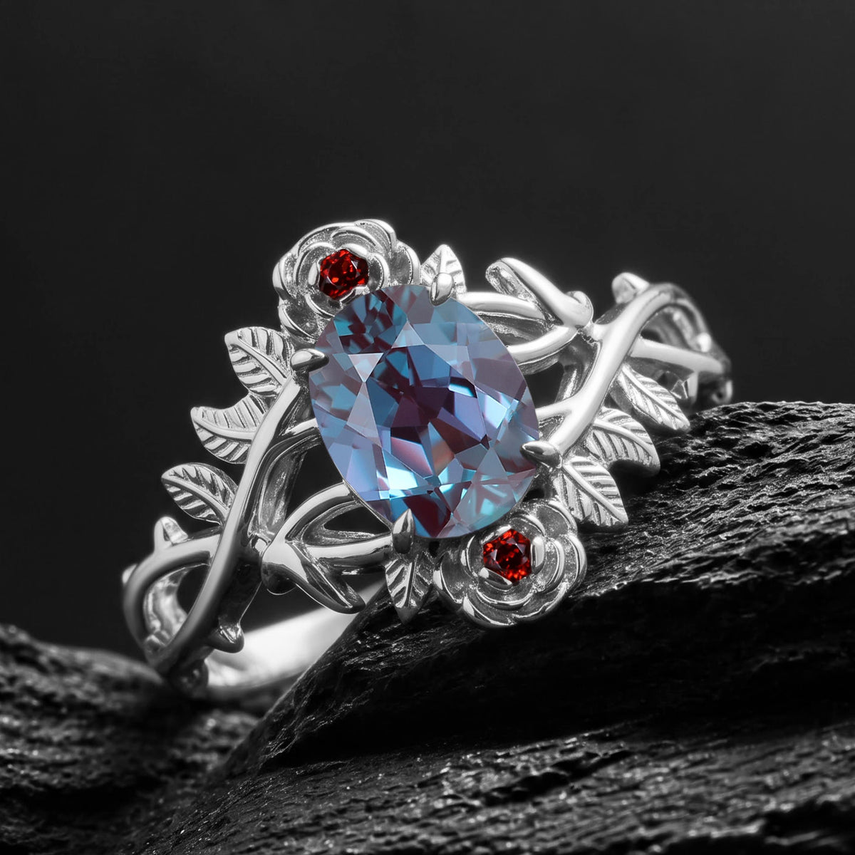 Oval Cut Lab Alexandrite Thorned Rose Nature Inspired Ring