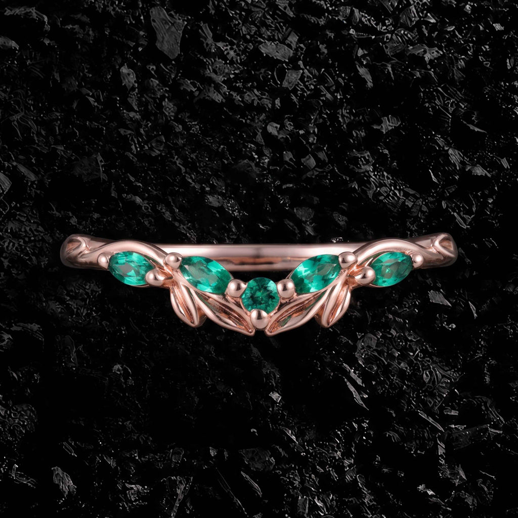 Lab Emerald Olive Leaf Nature Inspired Curved Band