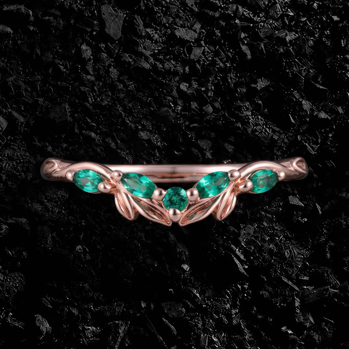 Lab Emerald Olive Leaf Nature Inspired Curved Band