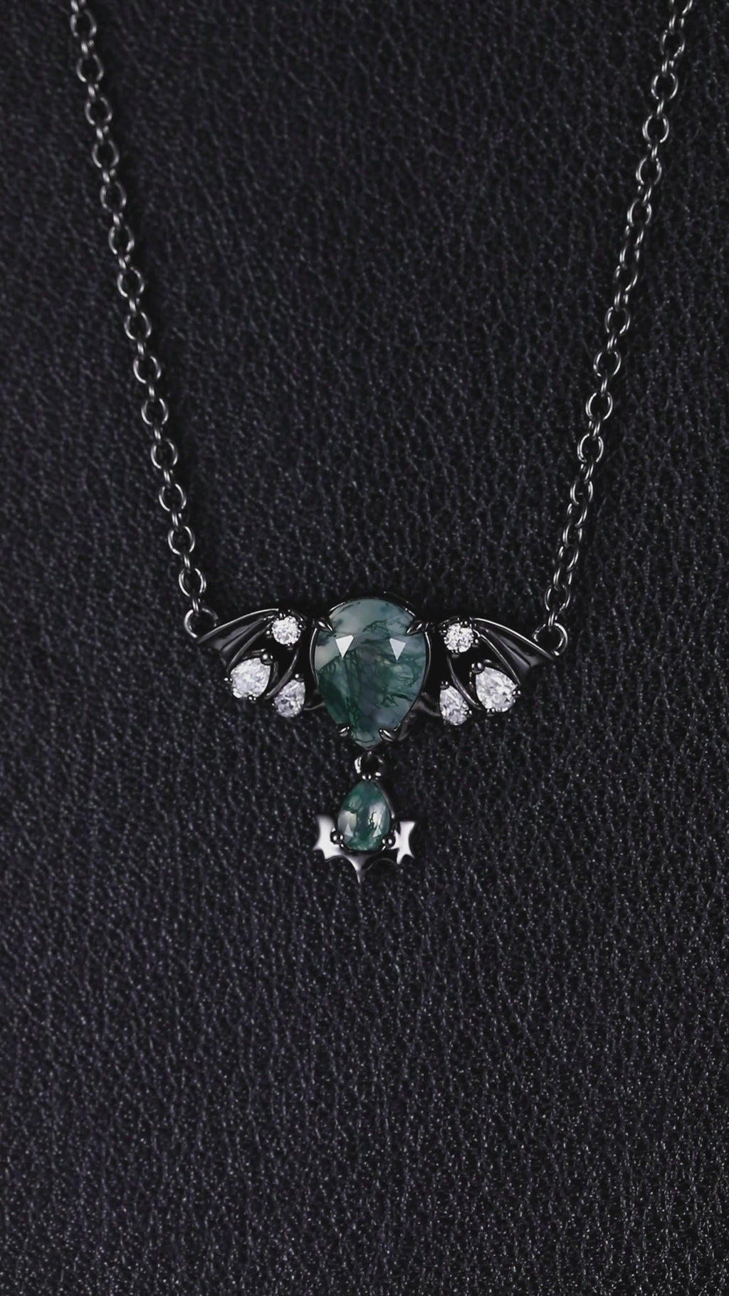 Pear Cut Moss Agate Nightwing Gothic Drop Necklace