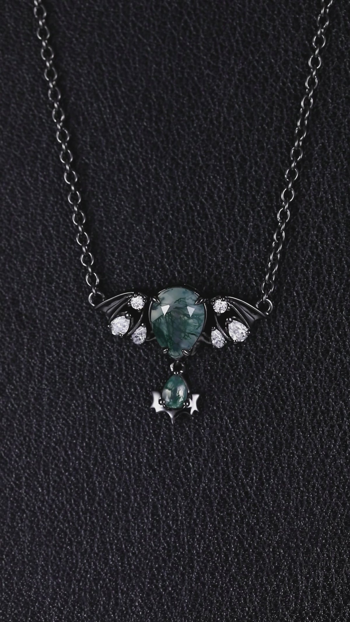 Pear Cut Moss Agate Nightwing Gothic Drop Necklace