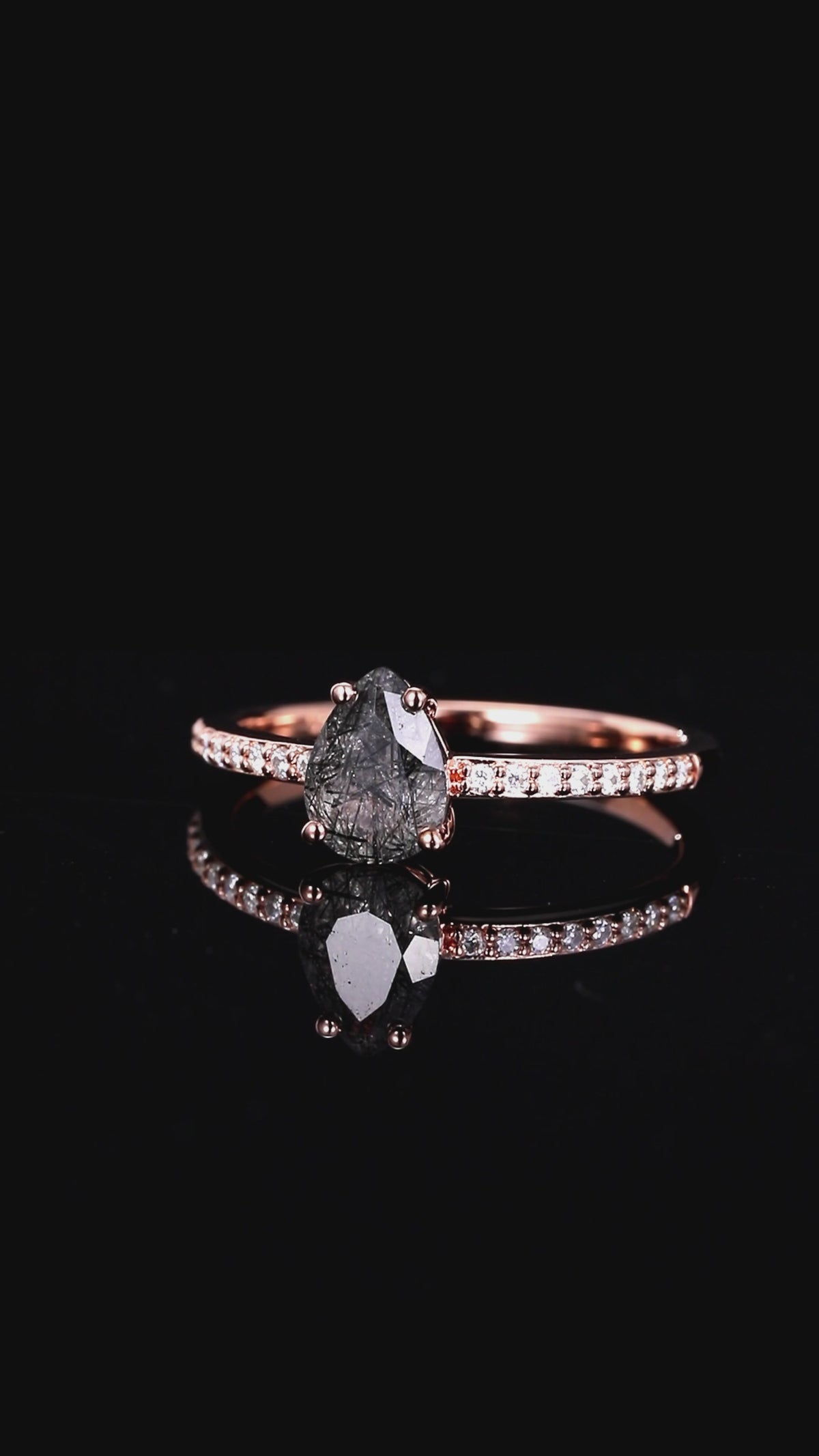 Pear Cut Black Rutilated Quartz Pavé Ring