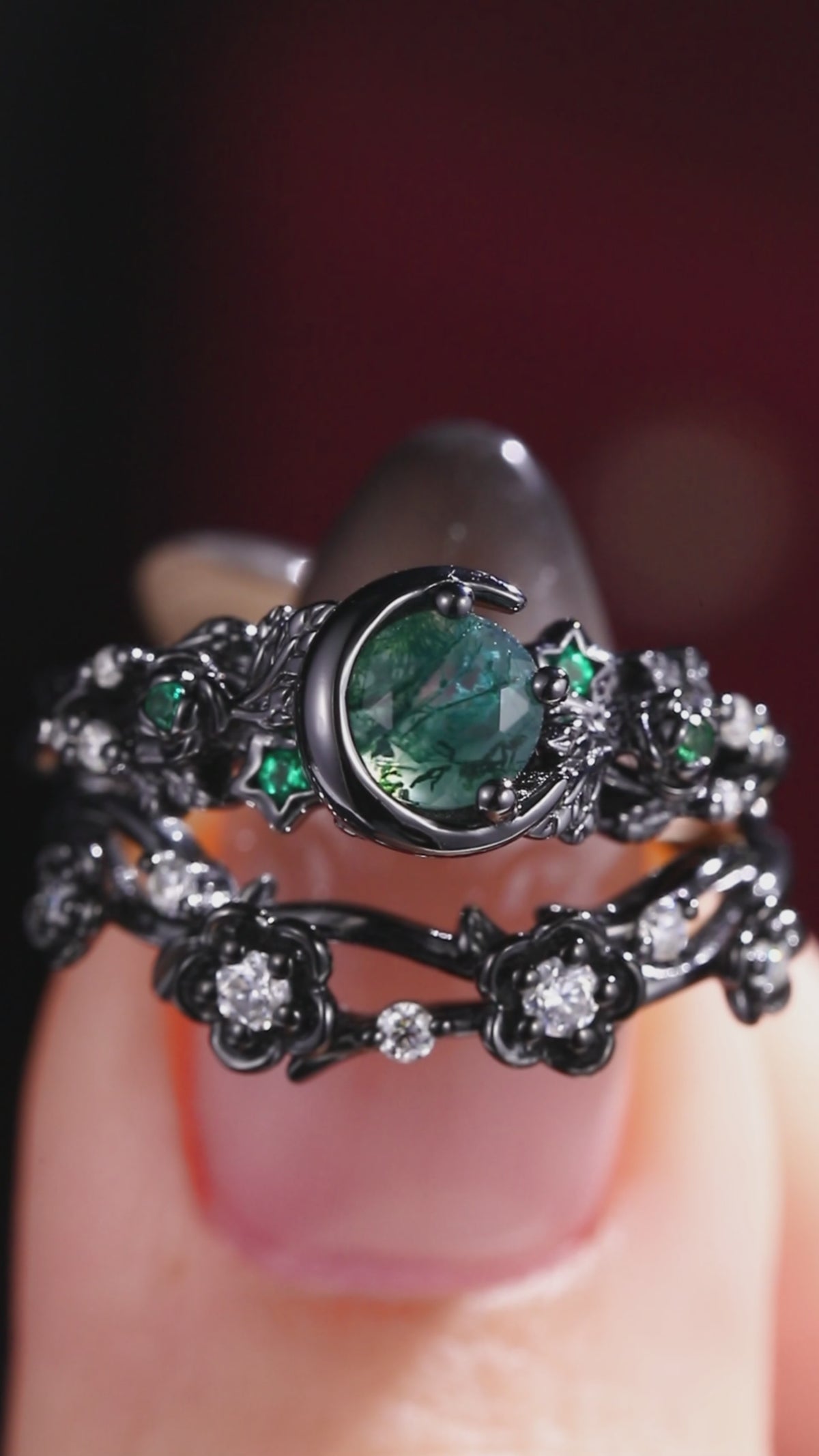Round Cut Moss Agate & Emerald Gothic Ring Set Midnight Bloom Ring Stack