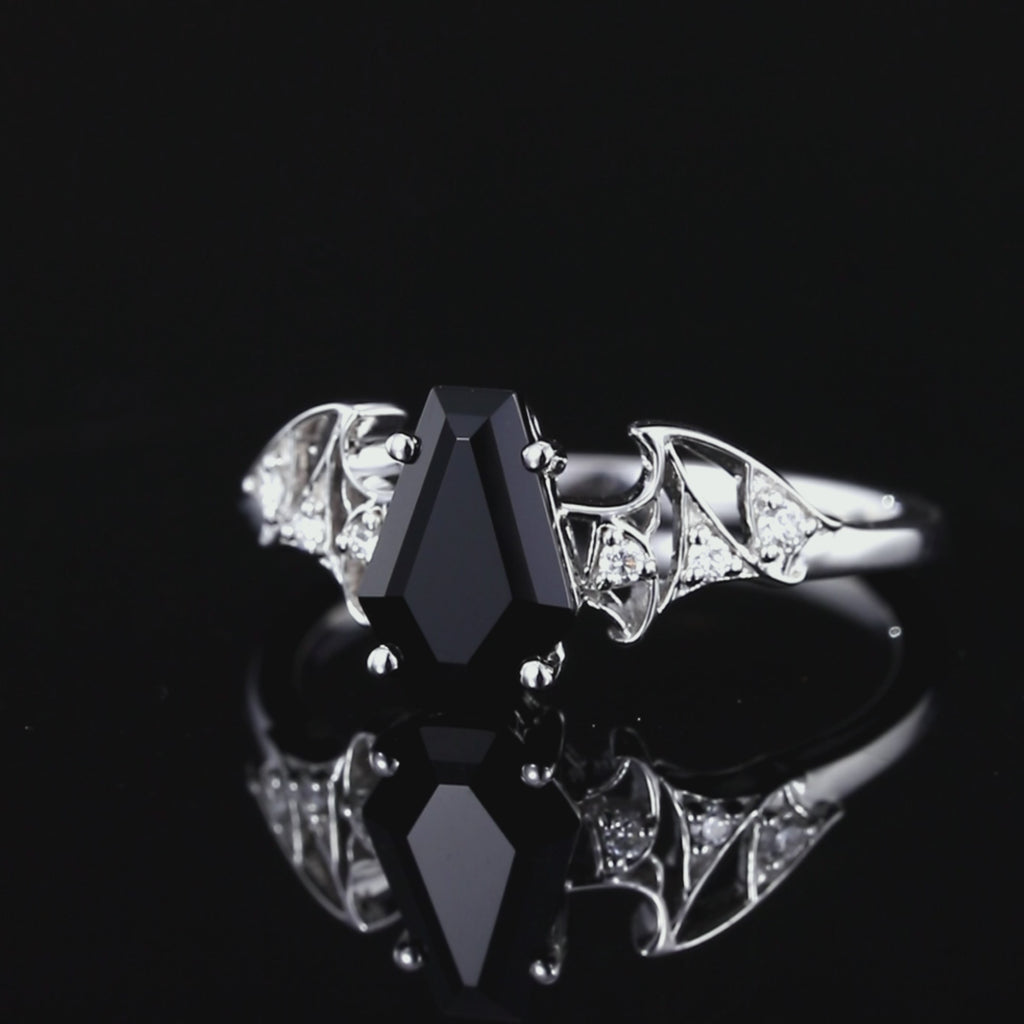 Coffin Cut Black Moissanite Bat Wing Gothic Ring With Lab Diamond Accent