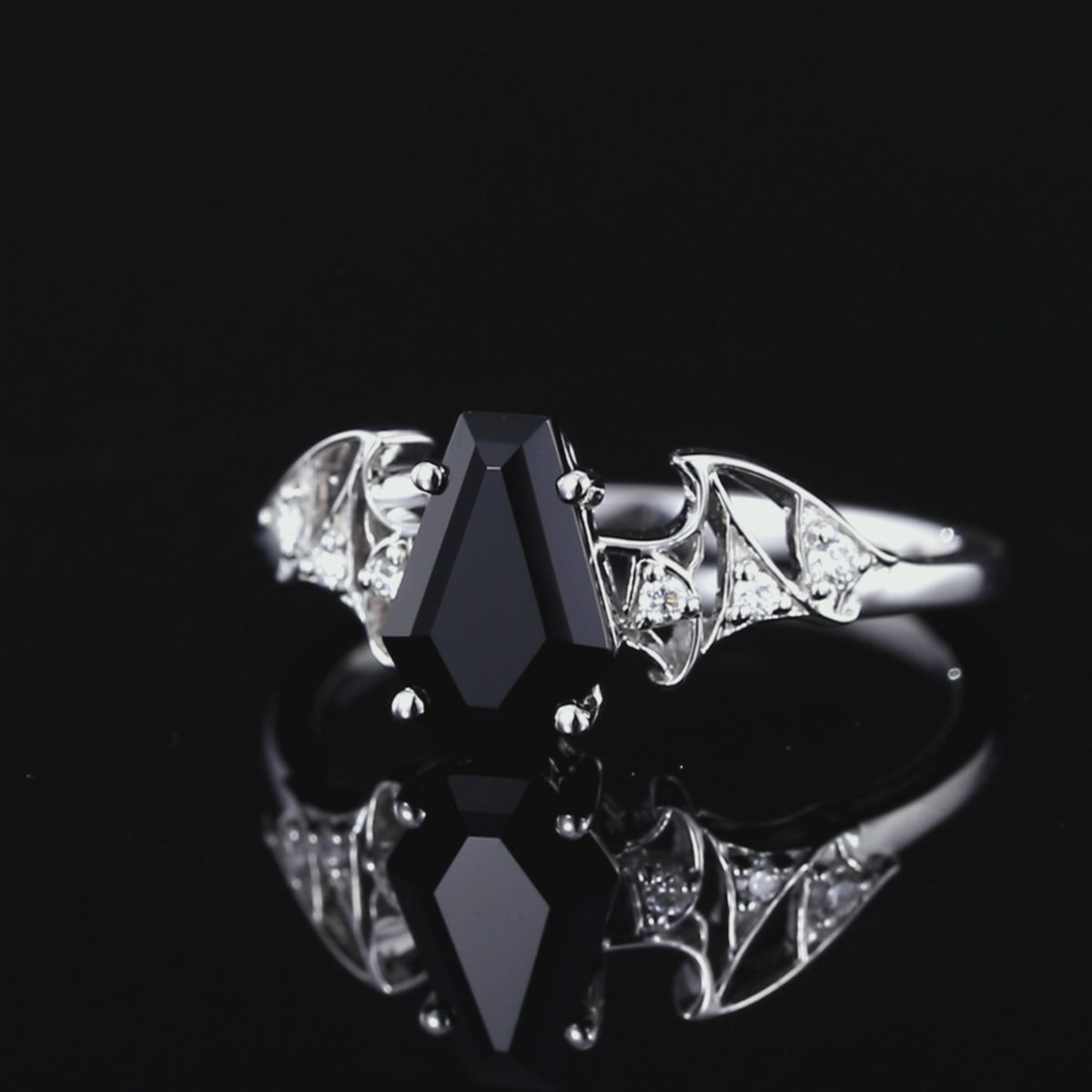 Coffin Cut Black Diamond Bat Wing Gothic Ring With Lab Diamond Accent