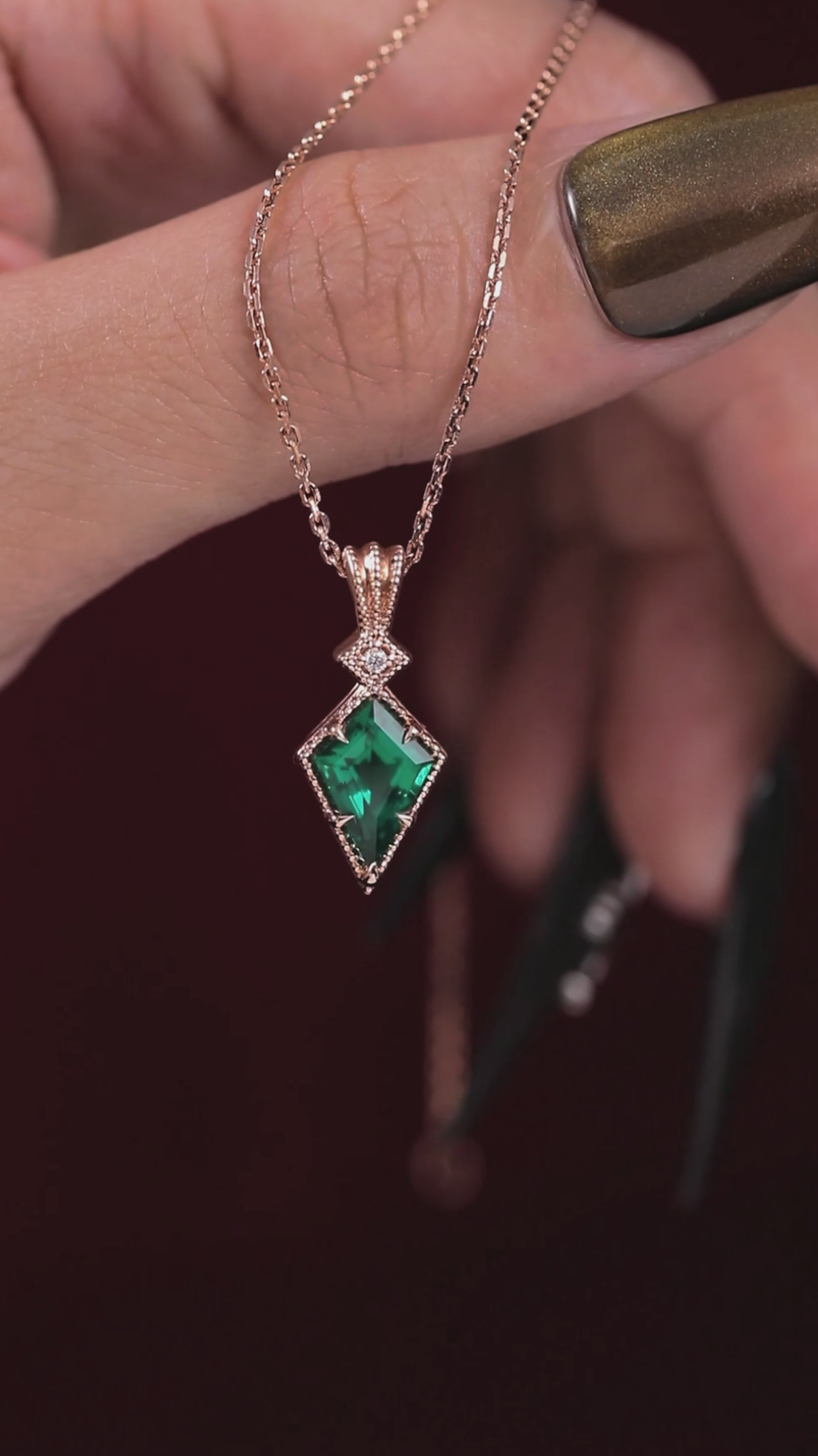 Kite Cut Lab Emerald Vintage Geometric Pendant Necklace