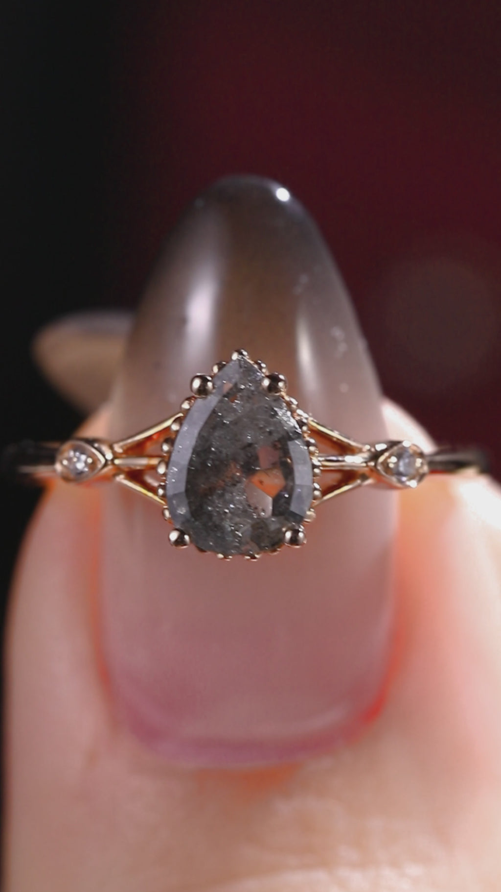 Pear Cut Salt & Pepper Diamond Split Shank Vintage Milgrain Ring
