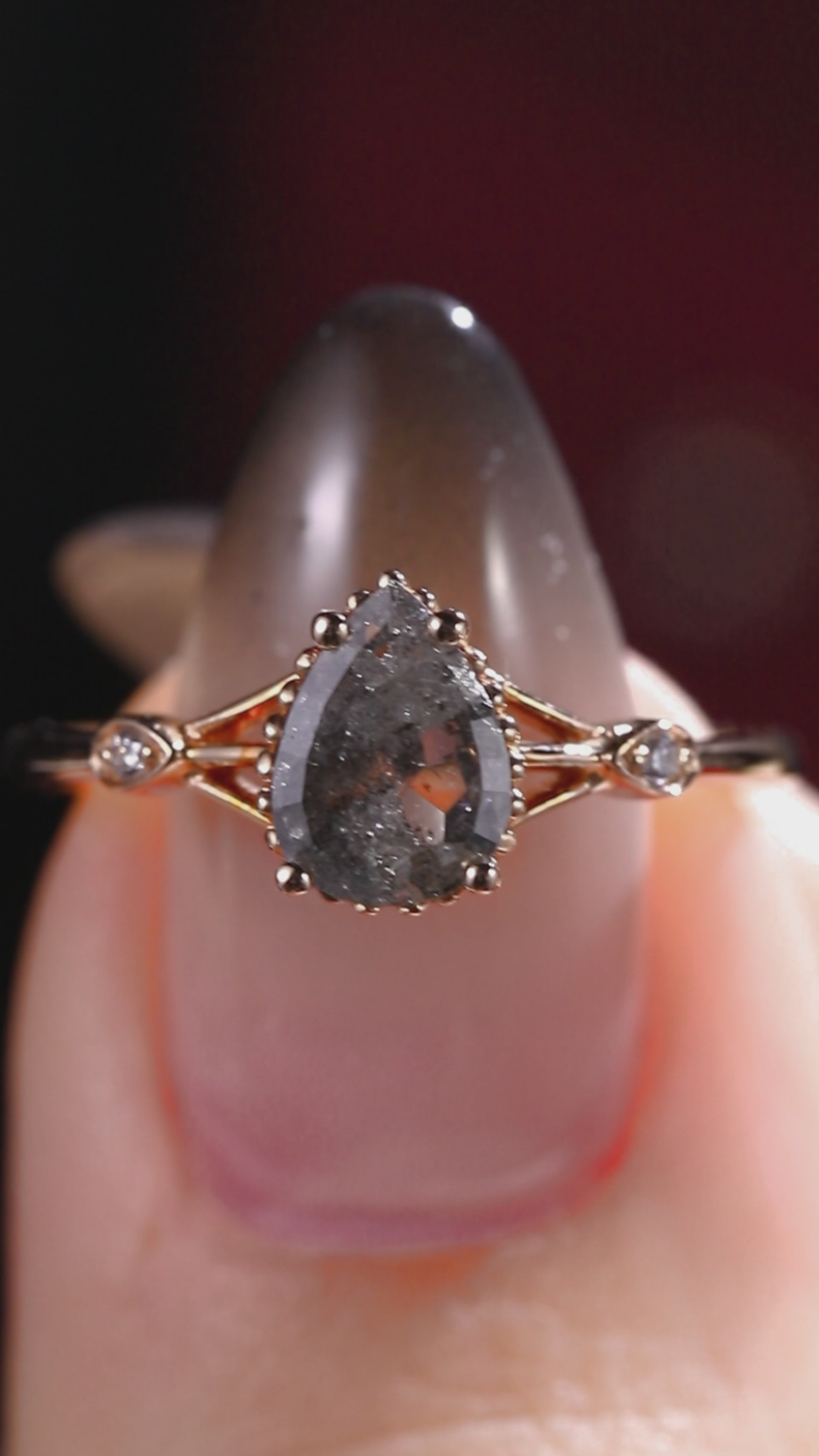 Pear Cut Salt & Pepper Diamond Split Shank Vintage Milgrain Ring