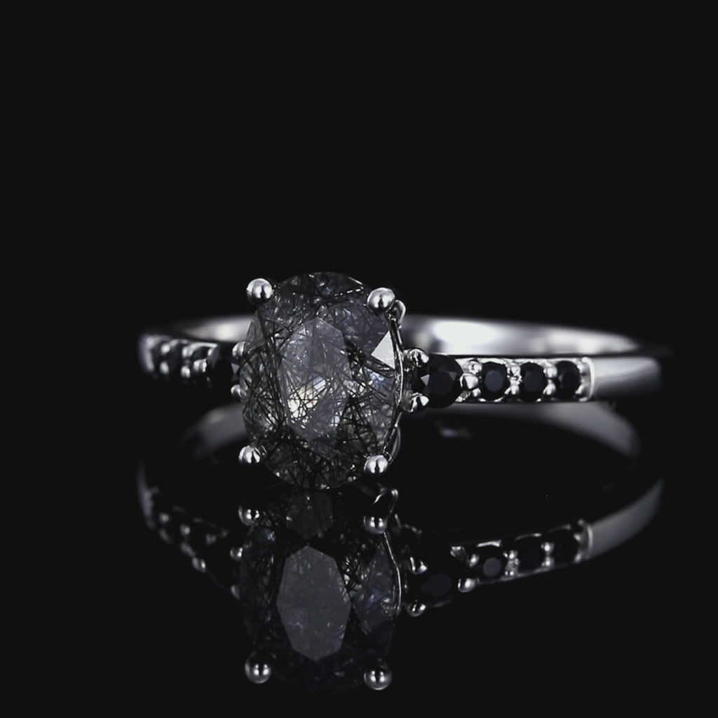 Oval Cut Black Rutilated Quartz Pavé Ring