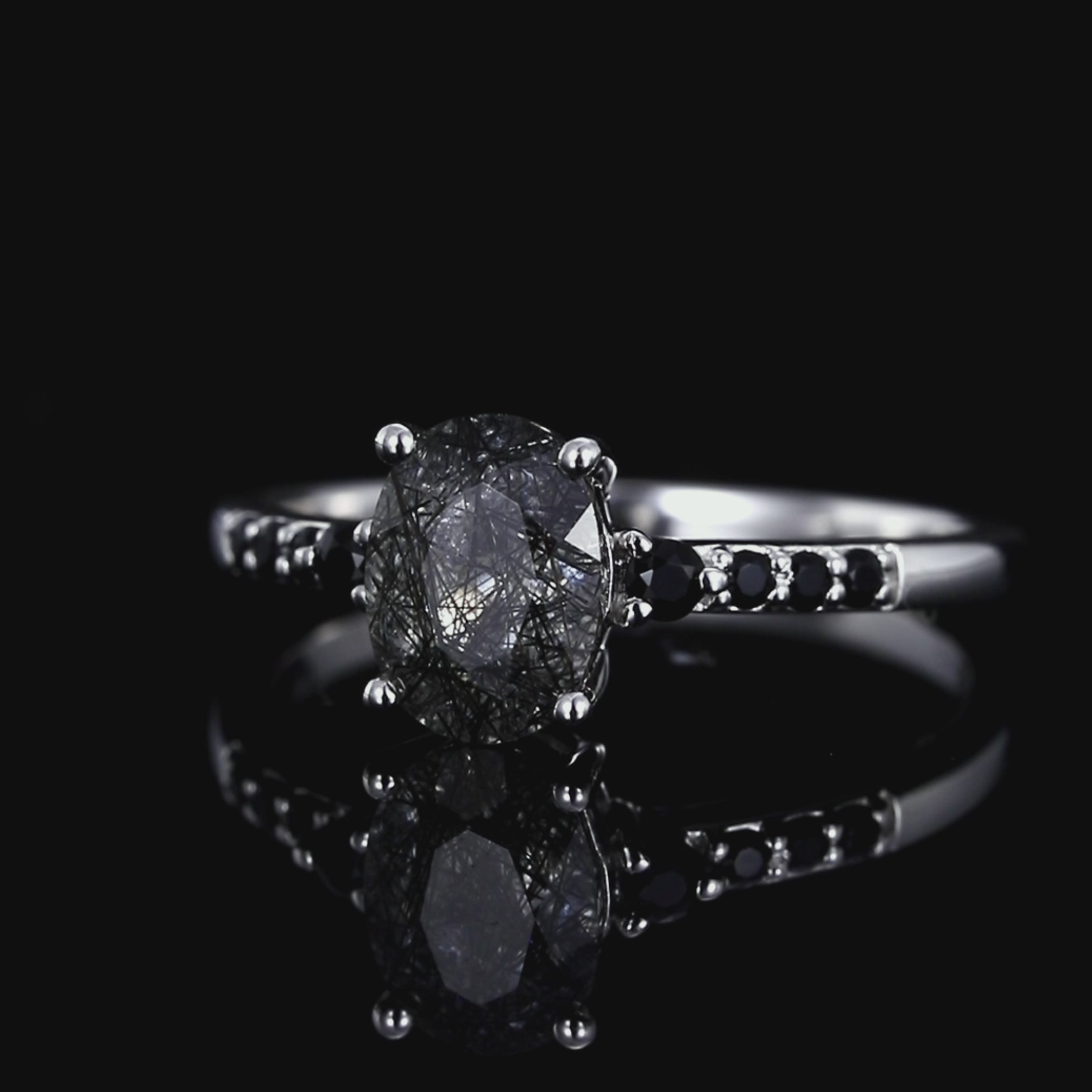 Oval Cut Black Rutilated Quartz Pavé Ring