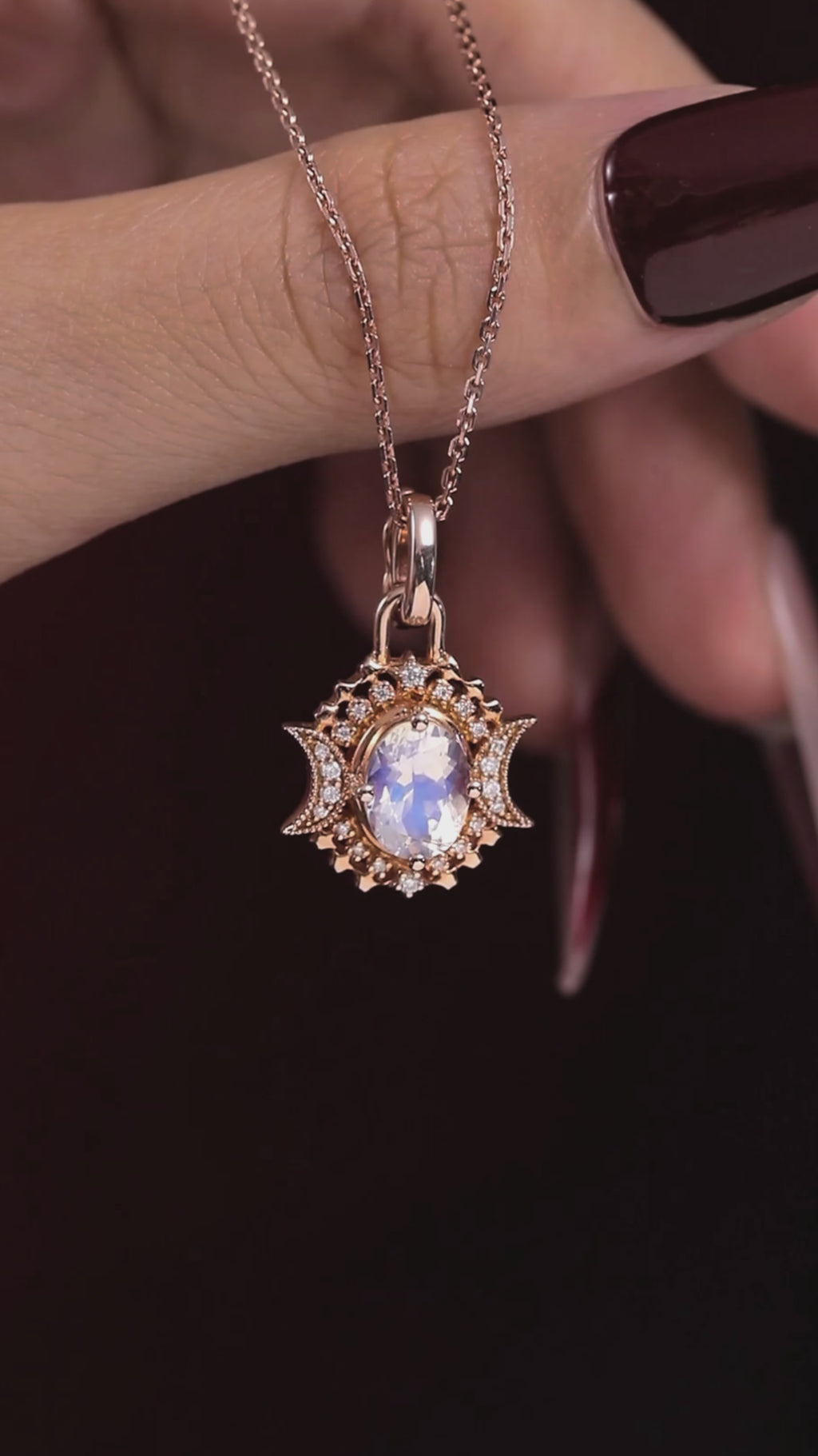 Oval Cut Moonstone Celestial Crescent Pendant Necklace With Lab Diamond Accents