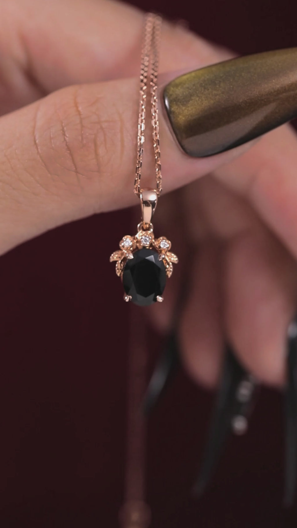 Oval Cut Black Diamond Rose Cluster Pendant Necklace