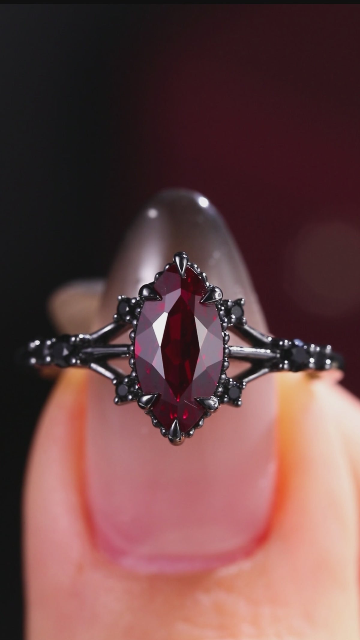 Marquise Cut Lab Ruby Devil’s Eye Gothic Ring With Black Diamond Accent