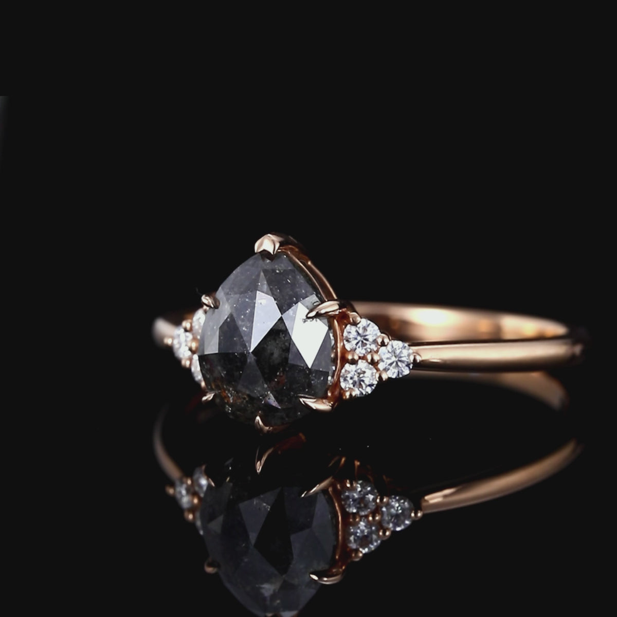 Pear Cut Salt & Pepper Diamond Six Prong Ring With Lab Diamond Accents