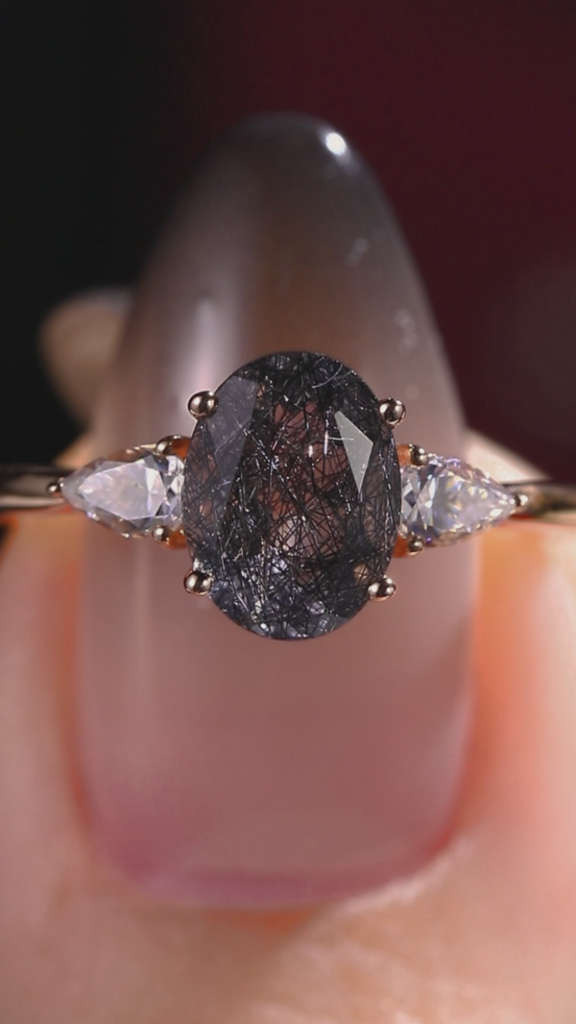 Oval Cut Black Rutilated Quartz Three Stone Minimalist Ring