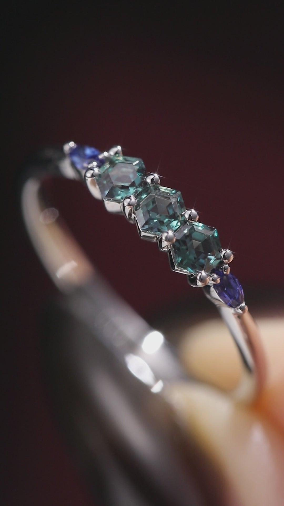 Hexagon Cut Lab Alexandrite Geometric Ring Three Stone Promise Ring
