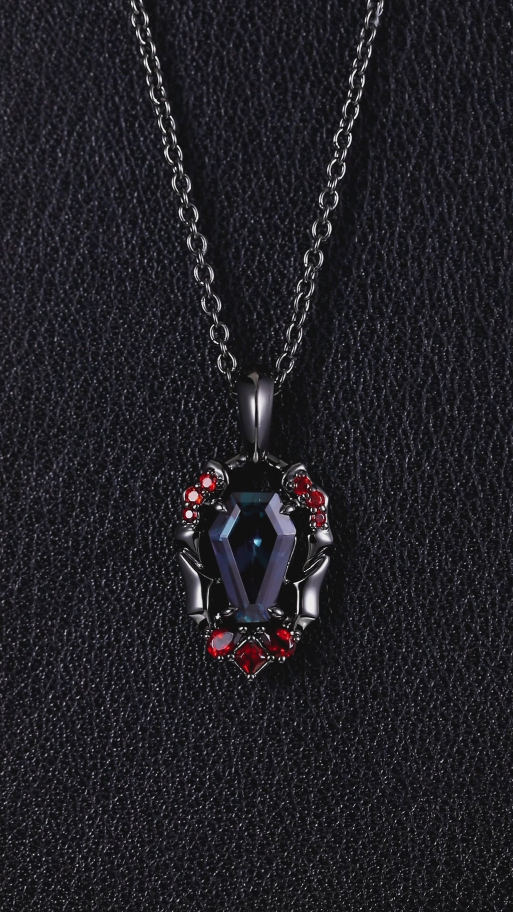 Coffin Cut Lab Alexandrite Vampire Relic Gothic Pendant Necklace with Garnet Accents