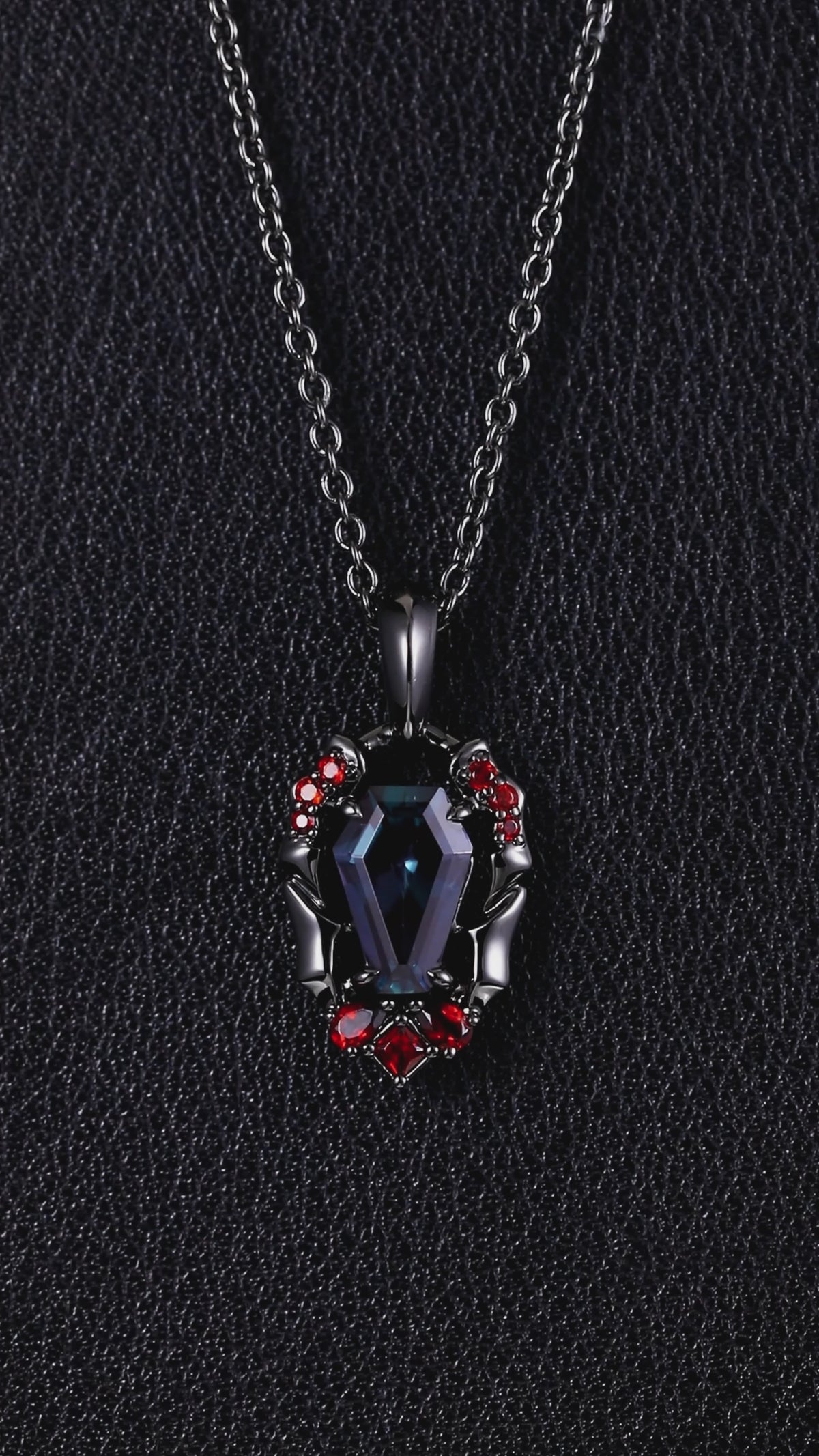 Coffin Cut Lab Alexandrite Vampire Relic Gothic Pendant Necklace with Garnet Accents