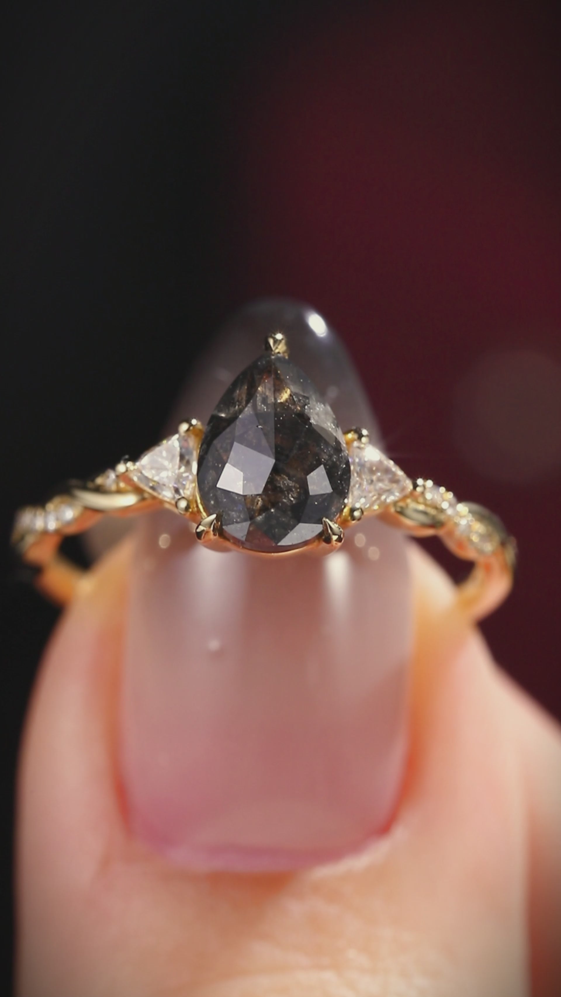 Pear Cut Salt & Pepper Diamond Three Stone Ring With Pavé Crossover Shank