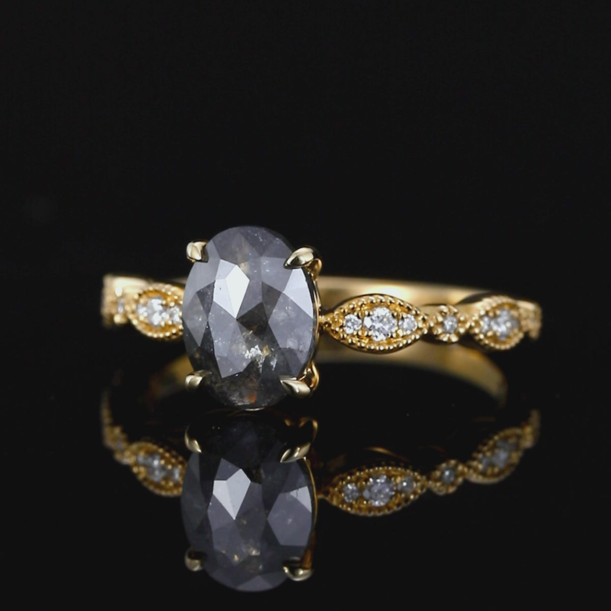 Oval Cut Salt & Pepper Diamond Vintage Ring