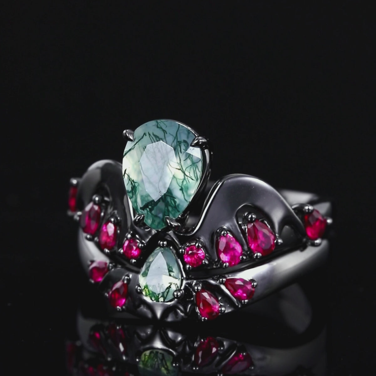 Pear Cut Moss Agate & Lab Ruby Bold Ring Set Cymothoe Sangaris Inspired Gothic Ring Stack